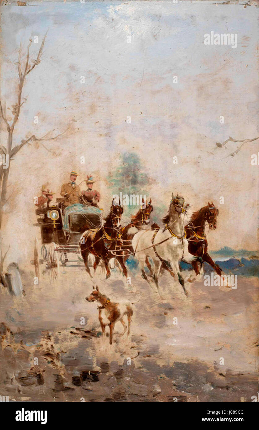 Il dipinto di Alfred Tominc "Sprehod s stirivprezno kocijo" raffigura una tranquilla scena di un giro in carrozza trainata da cavalli. La composizione mette in risalto la vita rurale e la serenità della natura durante il XIX secolo. Foto Stock