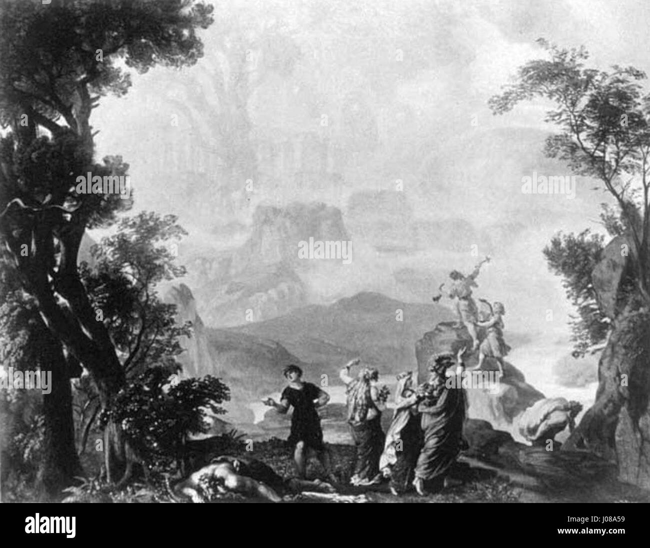 La rappresentazione in bianco e nero di Victor Angerer della scena di chiusura di "Das Rheingold" si concentra sul design di produzione di Josef Hoffmann. Le opere d'arte catturano la conclusione drammatica dell'opera, con particolare attenzione alla messa in scena visiva e all'illuminazione. Foto Stock