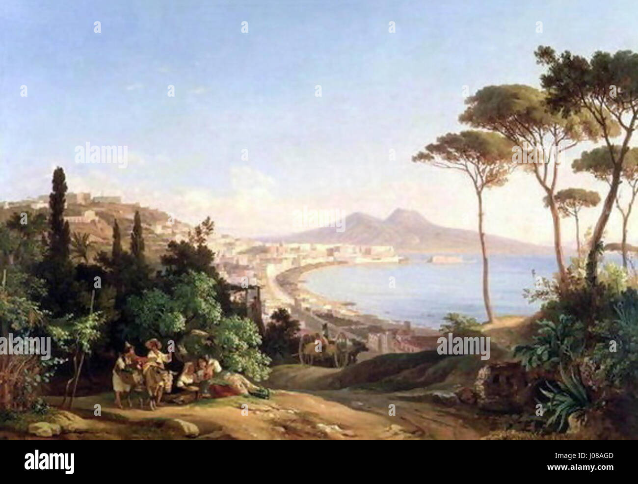 Il dipinto di Carl Wilhelm Götzloff "Utsikt över Neapel" del 1837 raffigura una vista panoramica di Napoli, che mostra la bellezza costiera della città e il suo vivace porto. L'opera evidenzia il contrasto tra natura e vita urbana nell'Italia del XIX secolo. Foto Stock