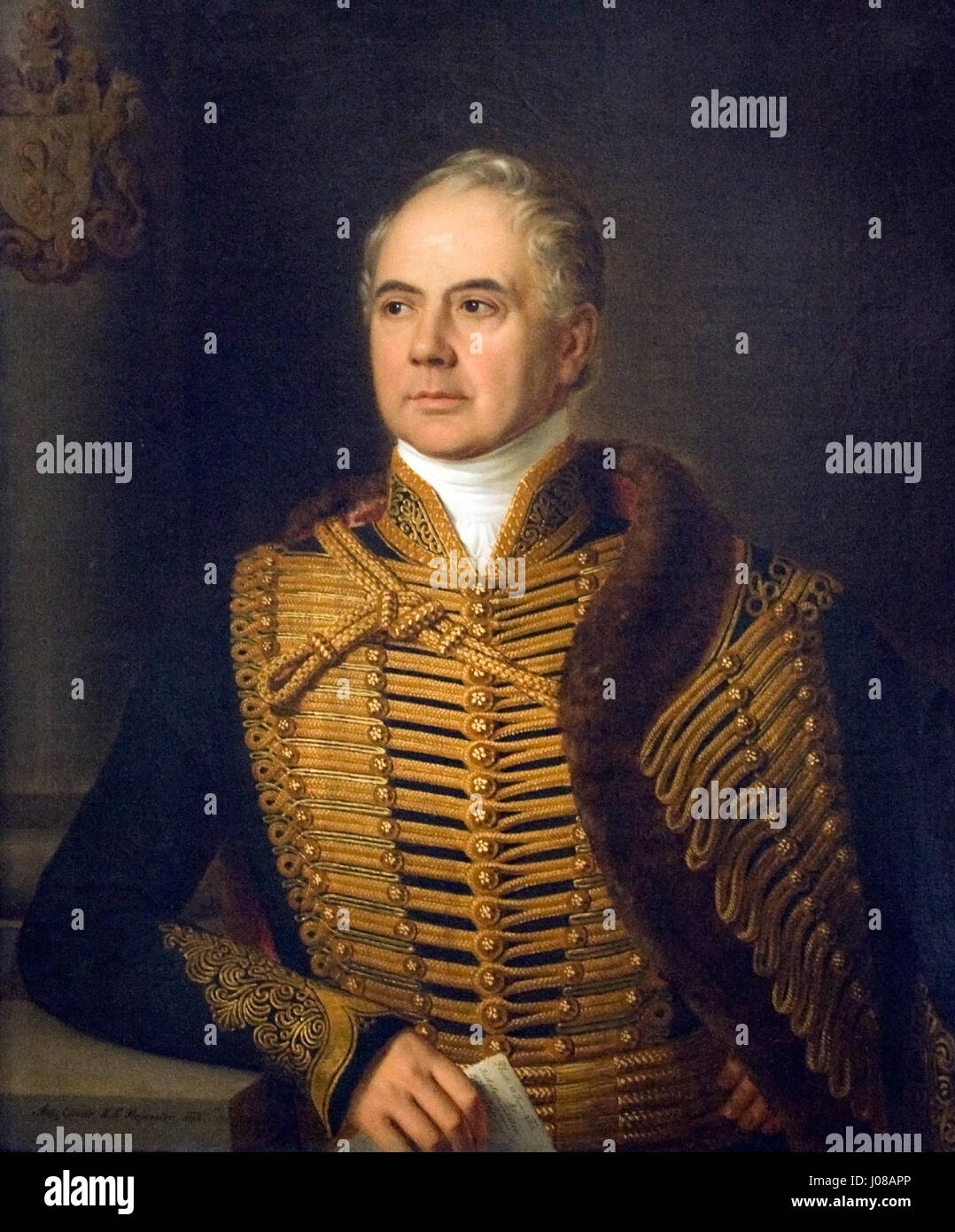 Il ritratto di Sándor Mórey della giustizia suprema è una rappresentazione dettagliata di una figura giuridica distinta. Il dipinto si concentra sulla sua espressione solenne, simboleggiando il suo ruolo importante nel sistema giudiziario, riflettendo la cultura giuridica ungherese del XIX secolo. Foto Stock