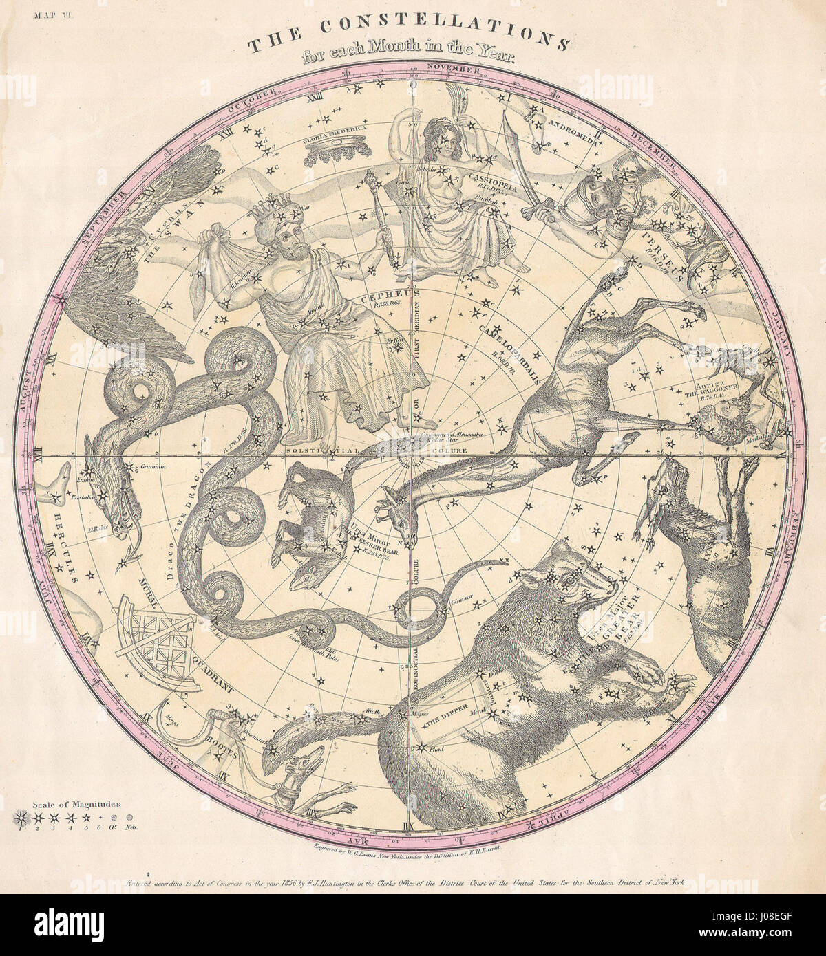 La mappa di Burritt del 1856, intitolata "Huntington Map of the Stars", mostra le costellazioni dell'emisfero settentrionale. È un documento storico chiave nello studio dell'astronomia e della mappatura dei corpi celesti. Foto Stock