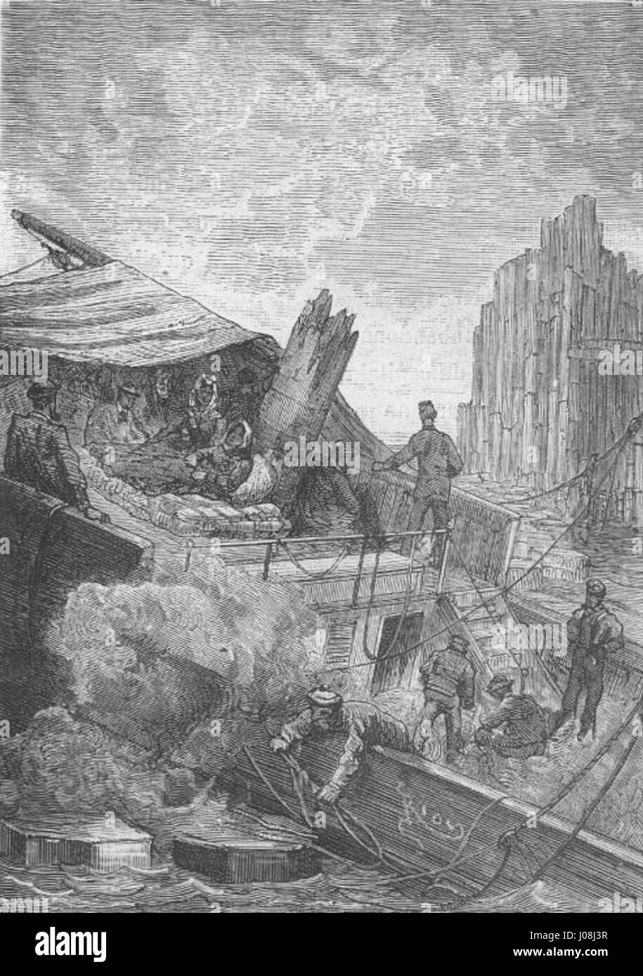 "I sopravvissuti del Cancelliere" di Édouard Riou raffigura una drammatica scena marittima, ispirata ai veri eventi del naufragio della nave francese "Cancelliere" nel 1793. Il dipinto mostra il tributo emotivo e fisico del naufragio sui suoi sopravvissuti. Foto Stock