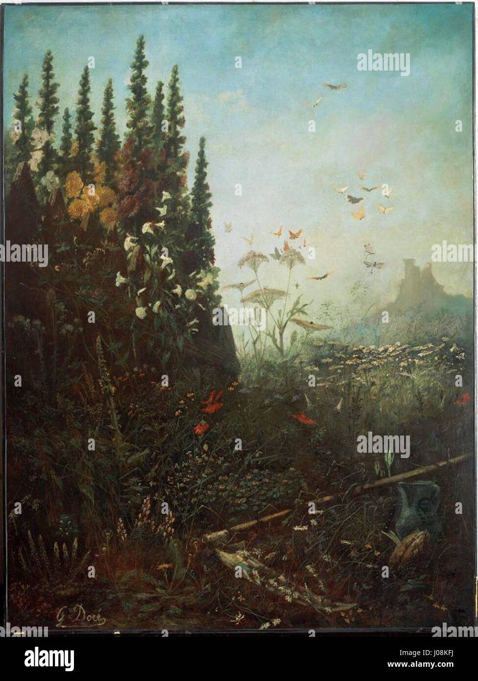 "Summer" di Gustave Doré (1860-70) è un olio su tela di 266,4 x 200,1 cm. Il dipinto presenta una vista a cimice della natura, con hollyhocks, glorie mattutine, leoni, margherite, cardo, farfalle e libellule. Una falce arrugginita e un edificio in rovina sullo sfondo contrastano con la vegetazione lussureggiante, simboleggiando la transitorietà della vita. :ContentReference[oaicite:0]{index=0} Foto Stock