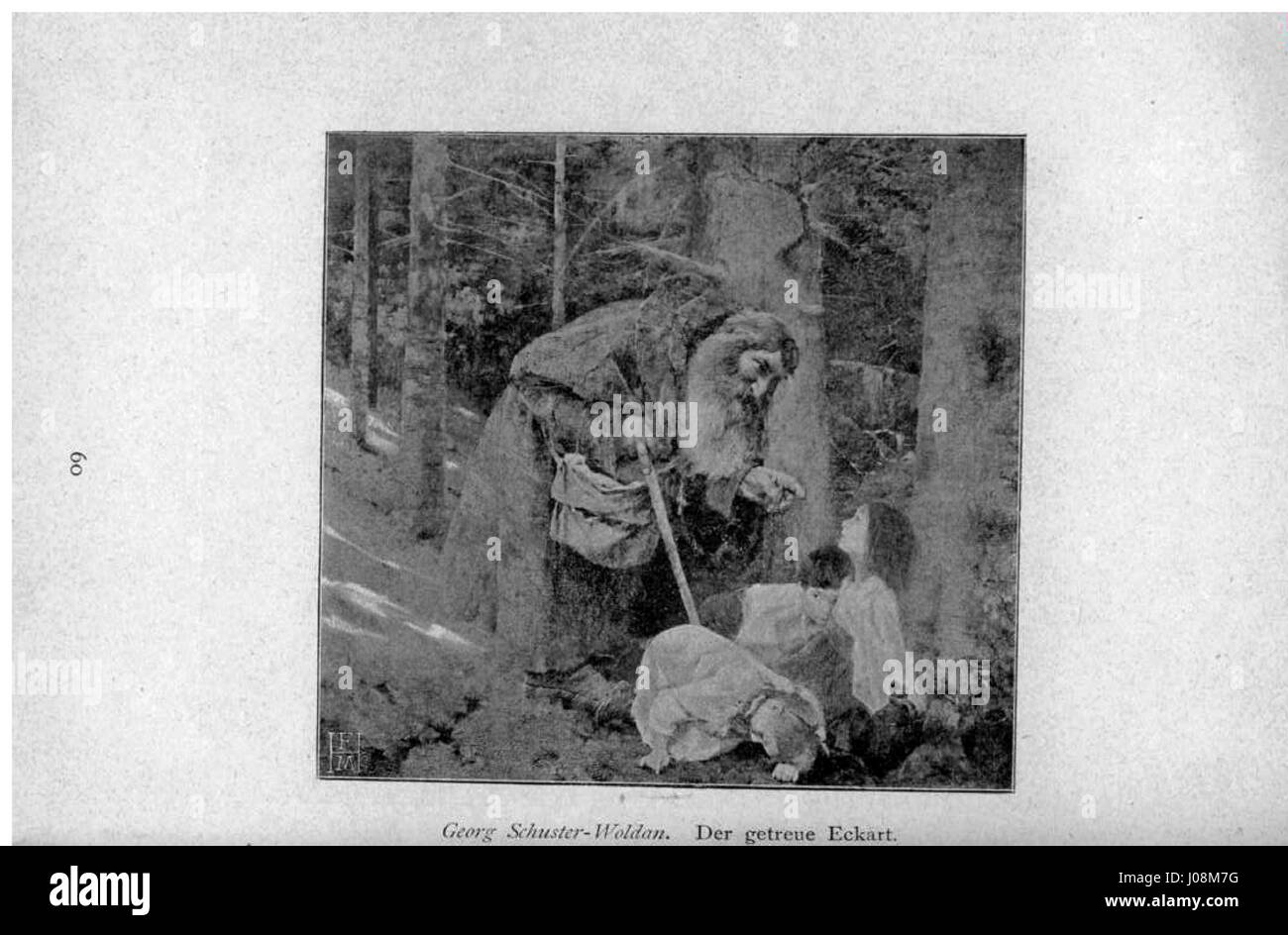 Una figura vestita con abiti in stile medievale o fantasy, forse un monaco o un mago, si trova in un'area boschiva, tiene un bastone e interagisce con una figura più piccola, in una fotografia in bianco e nero del Glaspalast München, 1898, relativa all'opera di Georg Schuster-Woldan, Der getreue Eckart. Foto Stock