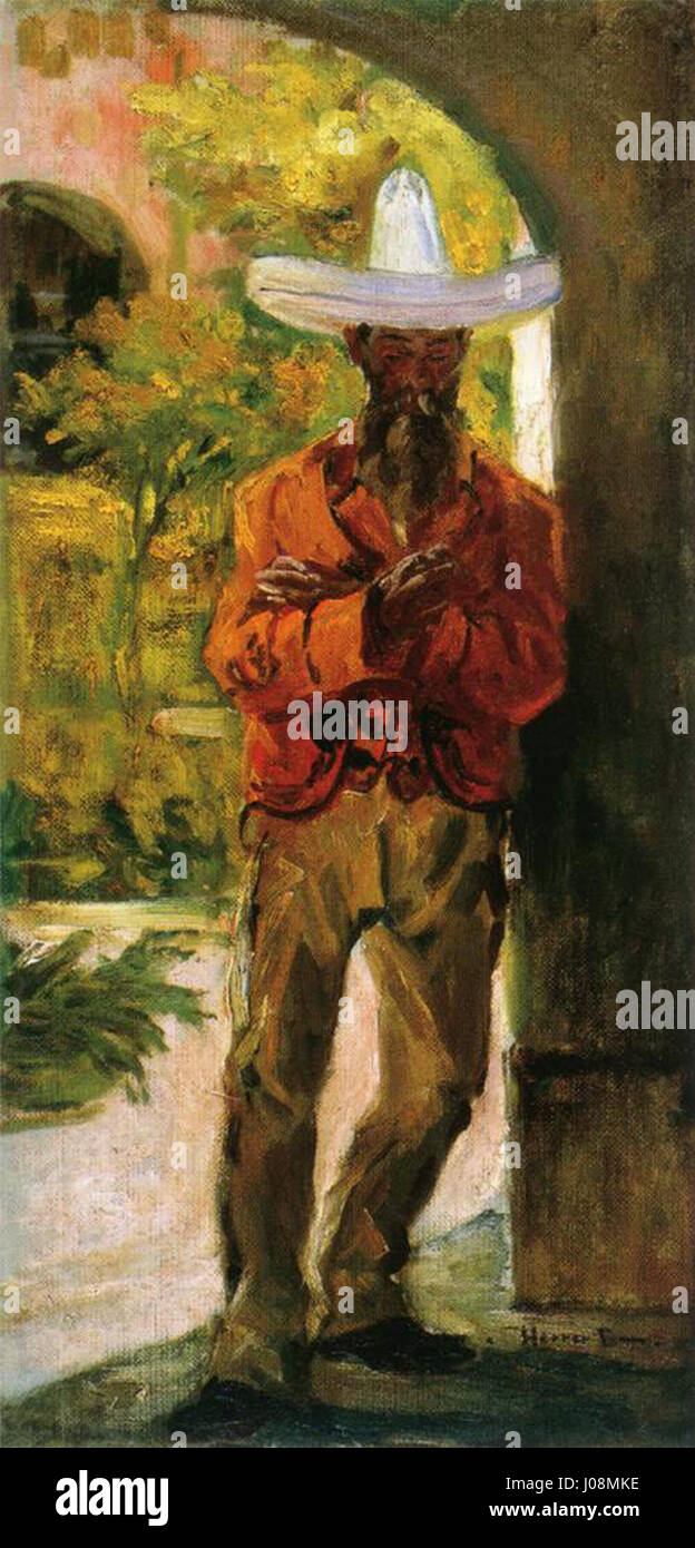 "Uomo con cappello" è un dipinto dell'artista spagnolo Herrer Cázar, che raffigura un uomo con un cappello, enfatizzando l'abbigliamento e l'espressione del soggetto. Foto Stock