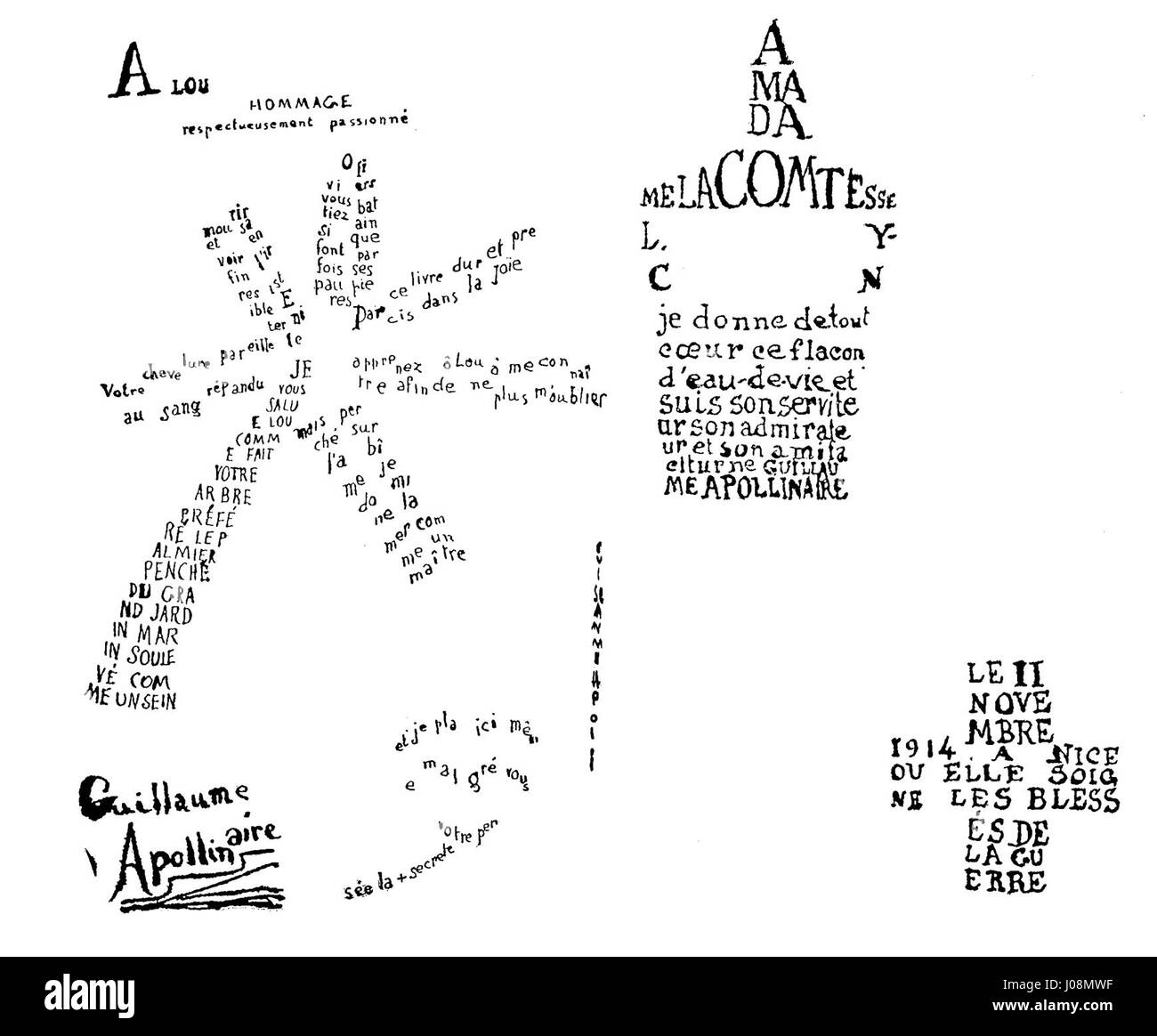 Il Calligram di Guillaume Apollinaire è un'opera letteraria e visiva significativa che fonde poesia e arte visiva. Questo pezzo rappresenta l'approccio innovativo di Apollinaire alla scrittura, dove il testo è disposto per formare forme e immagini, spesso riflettendo il tema della poesia. Foto Stock