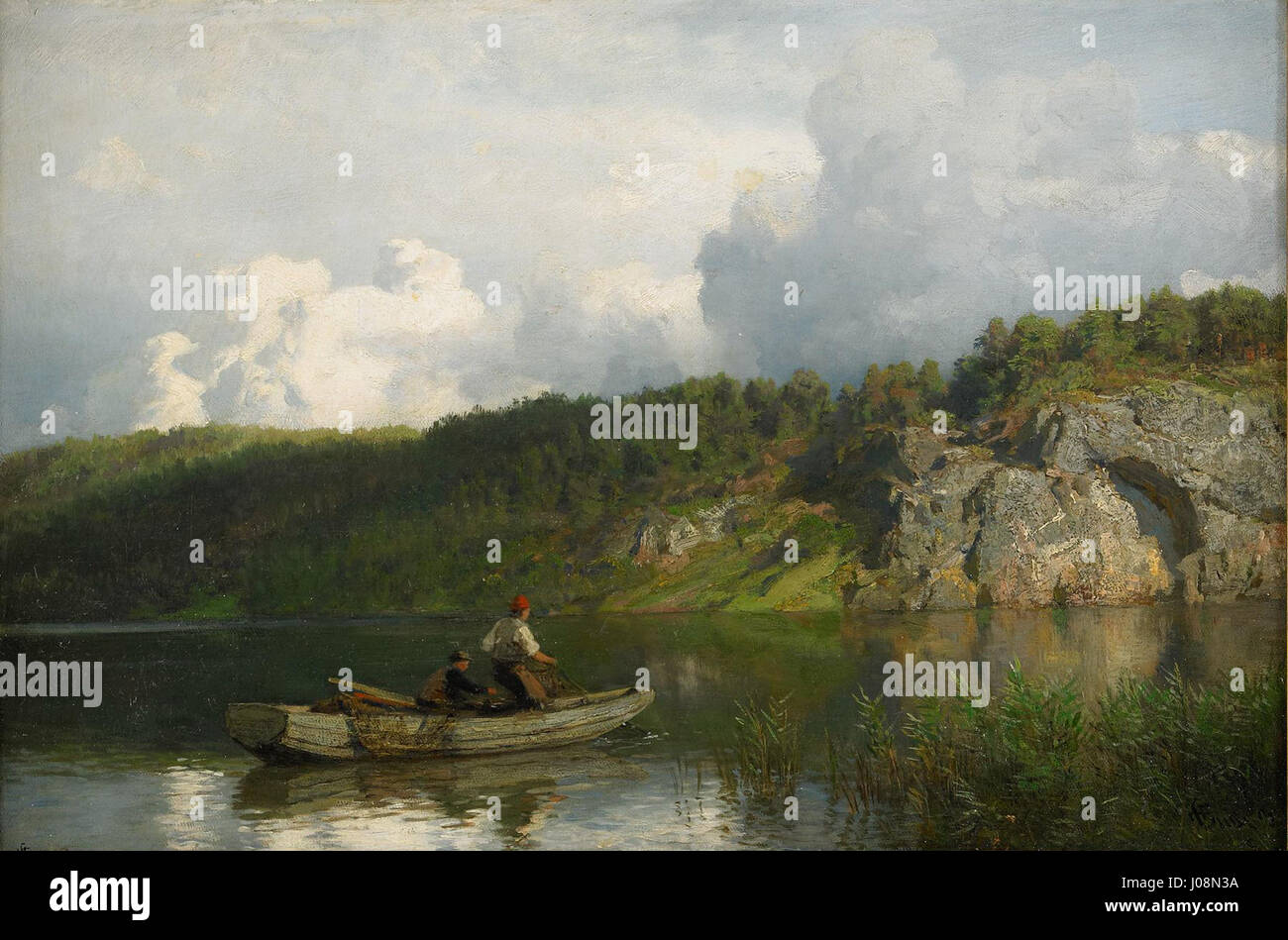 "Analkande oväder" (Approach Storm) di Hans Gude, dipinto nel 1871, raffigura un paesaggio drammatico con nuvole scure che si radunano su un fiordo norvegese, mostrando la padronanza di Gude nelle condizioni atmosferiche. Foto Stock