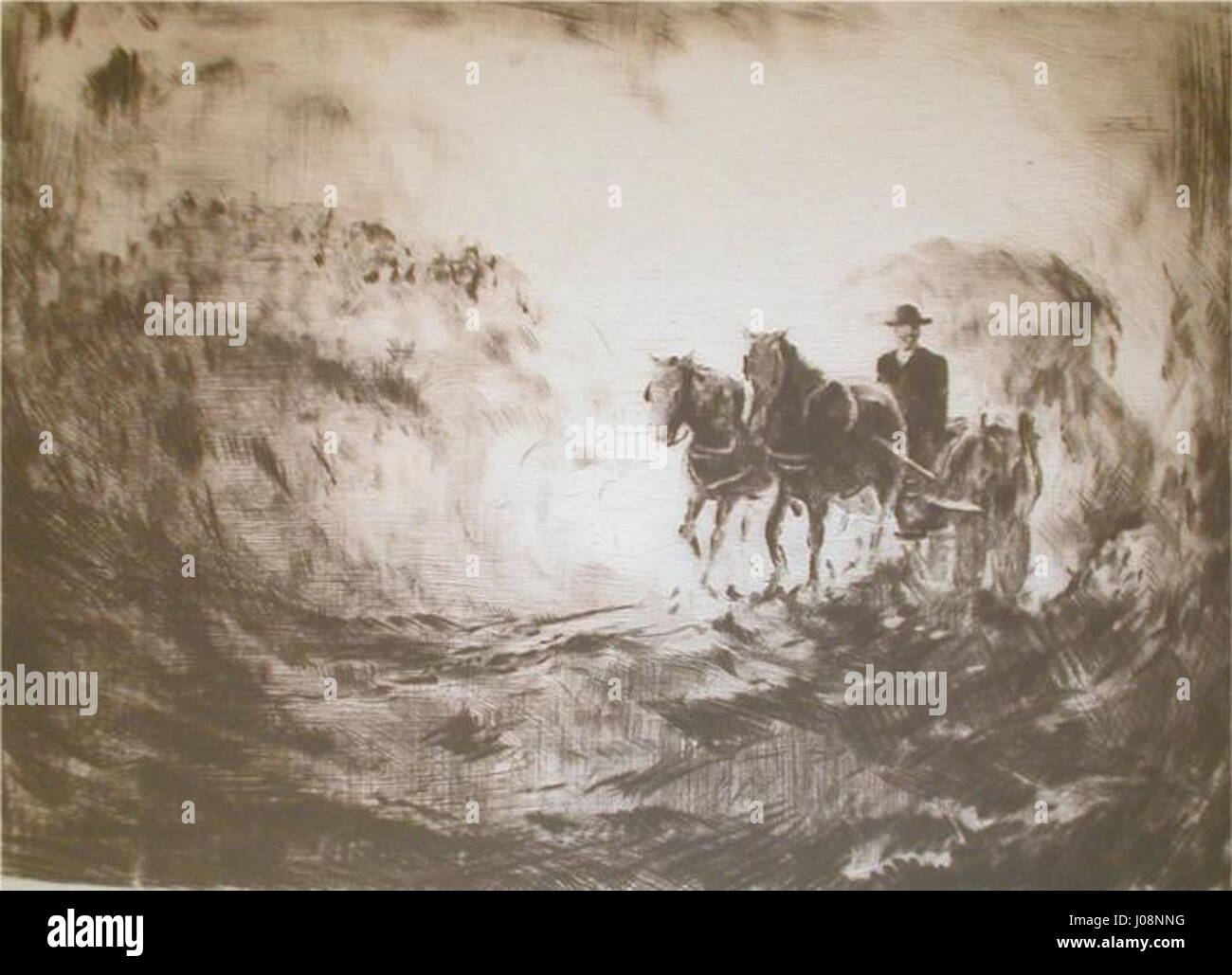 Un'illustrazione che raffigura un carrello che viaggia su una strada, mostrando il tipico trasporto rurale del periodo. Il carro appare trainato da cavalli e trasporta merci, sottolineando la semplicità dei primi metodi di trasporto. Foto Stock