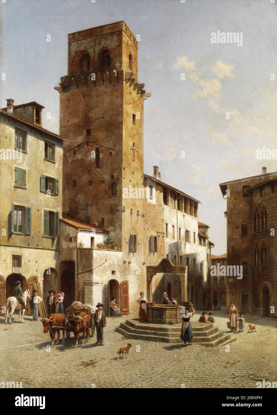 Una scena della Carabain Platz a San Gimignano, dipinta da Jacques Francesco. L'opera d'arte cattura le caratteristiche architettoniche della piazza e il paesaggio toscano circostante. Foto Stock