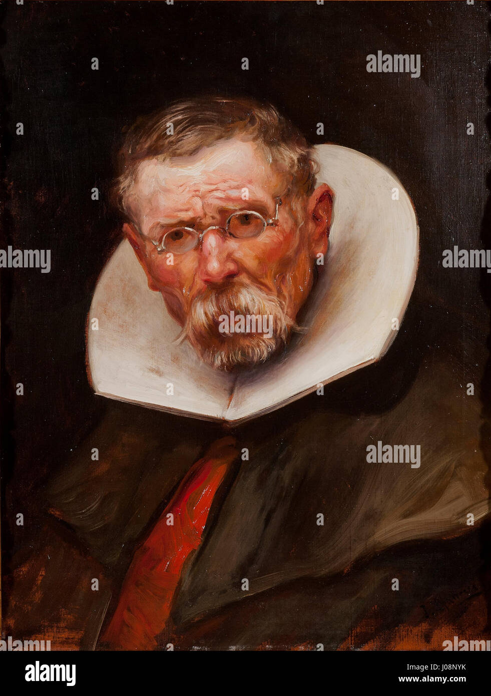 Il ritratto di José Llaneces di un uomo anziano, vestito nello stile del regno di Filippo III di Spagna, cattura la moda distintiva e lo stile ritrattistico dell'epoca asburgica spagnola, riflettendo il contesto culturale e l'abbigliamento dell'epoca. Foto Stock