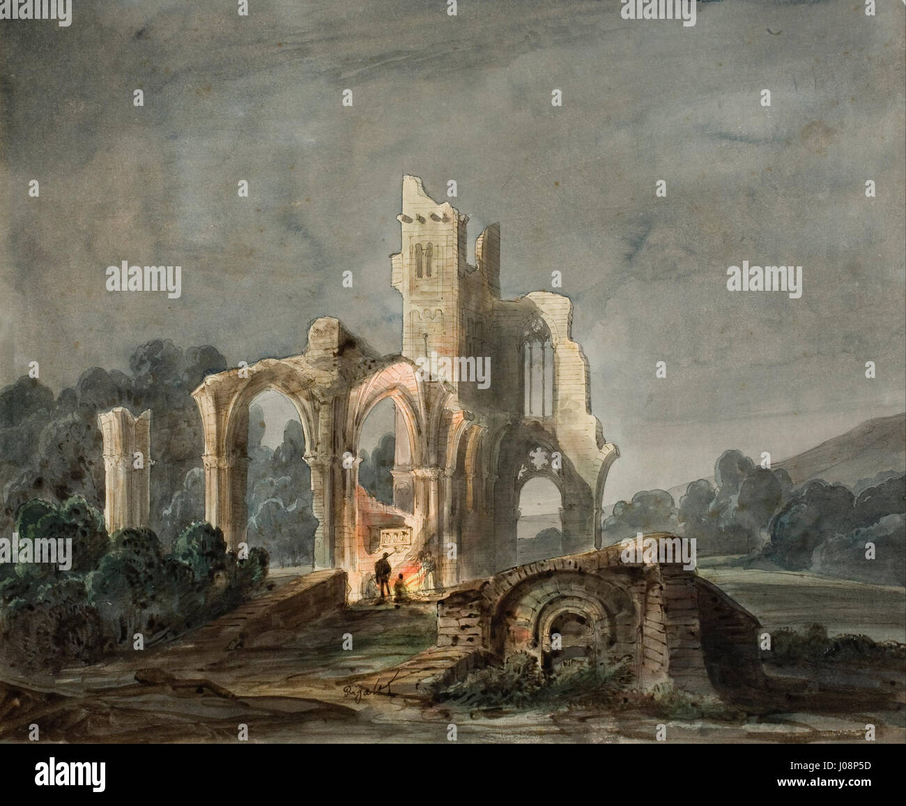 Il «paesaggio notturno con rovine gotiche» di Lluís Rigalt cattura una scena drammatica di un paesaggio oscuro illuminato dalla luce della luna, con particolare attenzione alla presenza inquietante di rovine gotiche. Il dipinto trasmette un'atmosfera suggestiva, mettendo in mostra l'esperienza di Rigalt nella pittura paesaggistica e architettonica. Foto Stock
