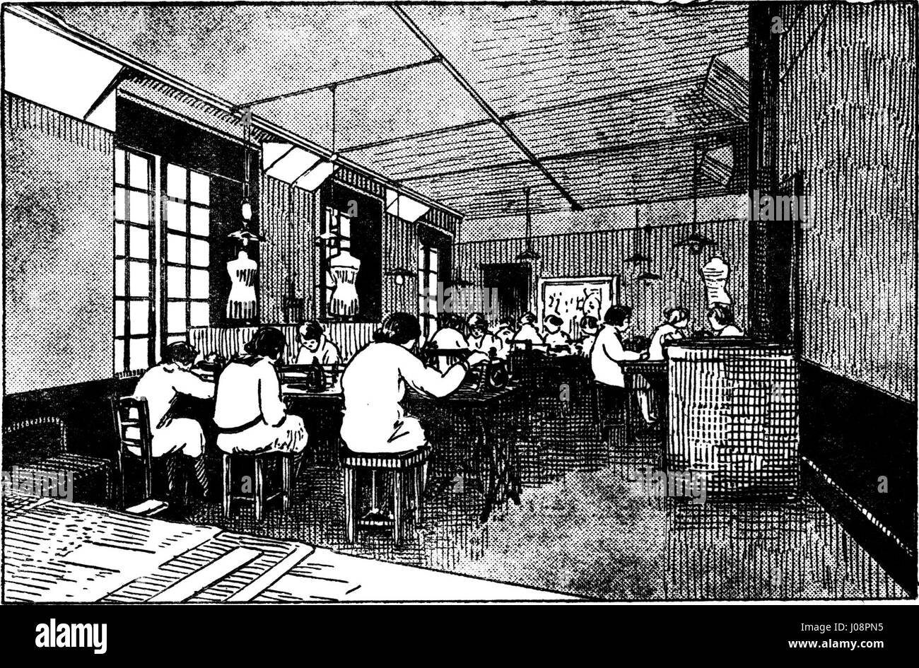 "Le Métiers De Corsetière" (l'opera di un creatore di corsetti) è una rappresentazione di una donna nell'atto di realizzare un corsetto, che illustra la natura artigianale di questa professione. La scena enfatizza l'artigianato e l'abilità coinvolta in questo commercio specializzato. Foto Stock