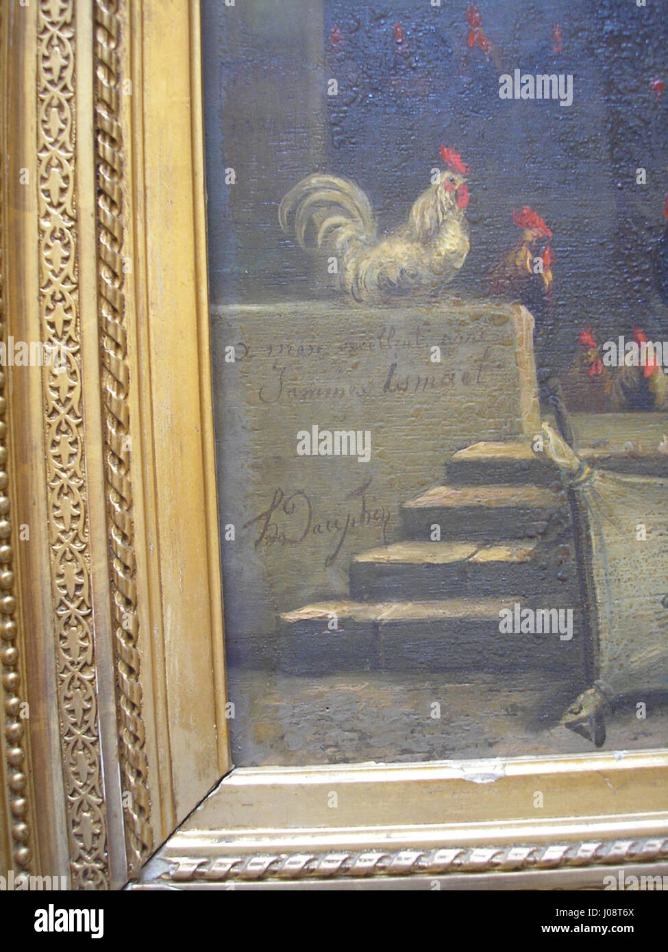 Un'illustrazione dettagliata dell'Opéra Comique Poulailler, che mostra il design elaborato del set e i costumi tipici dell'opera francese del XIX secolo. Questa opera d'arte riflette le ricche tradizioni teatrali di Parigi. Foto Stock