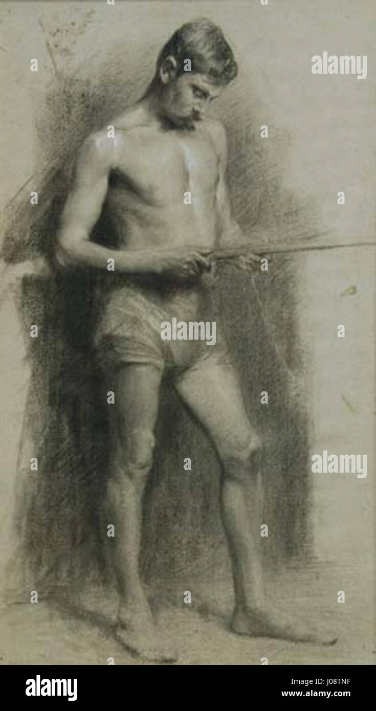 "Hombre con bastón" di Pedro Blanes Viale ritrae un uomo che tiene un bastone. L'opera esemplifica la capacità dell'artista di catturare la figura umana e trasmettere profondità emotiva, mostrando la postura e l'espressione dignitose del soggetto. Foto Stock