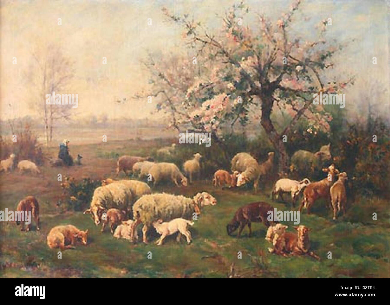 "Le Printemps Bergère et ses Moutons" di Paul Vayson (Pastore primaverile e la sua pecora) celebra la vita rurale con una raffigurazione di una pastorella che tende al suo gregge in un tranquillo paesaggio primaverile. Foto Stock