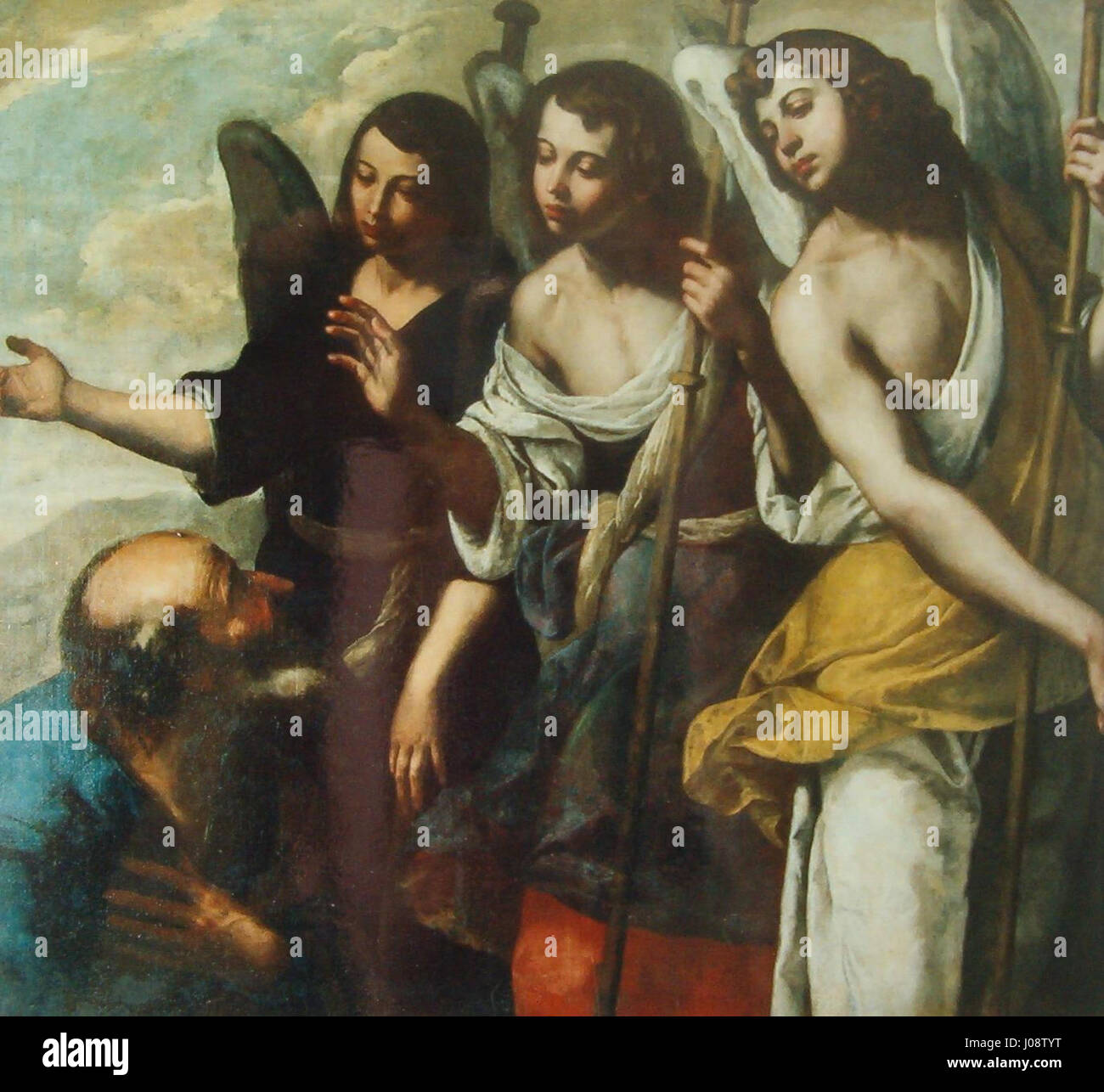 L'Abramo e i tre angeli di Pacecco de Rosa è un dipinto religioso che raffigura la storia biblica dell'ospitalità di Abramo verso i tre angeli. La scena è ambientata alle porte della sua tenda, illustrando il momento della visita divina. Questo dipinto, creato in stile barocco, riflette i temi della grazia divina e dell'ospitalità nell'Antico Testamento. Foto Stock