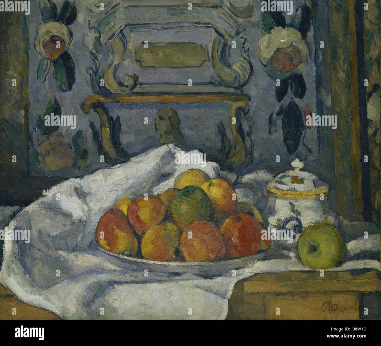 Il "piatto delle mele" di Paul Cézanne è un dipinto di natura morta che illustra il suo interesse per il rapporto tra forma e colore. L'opera mostra il suo metodo di rappresentazione del volume e della profondità, segnando un contributo significativo allo sviluppo dell'arte moderna. Foto Stock