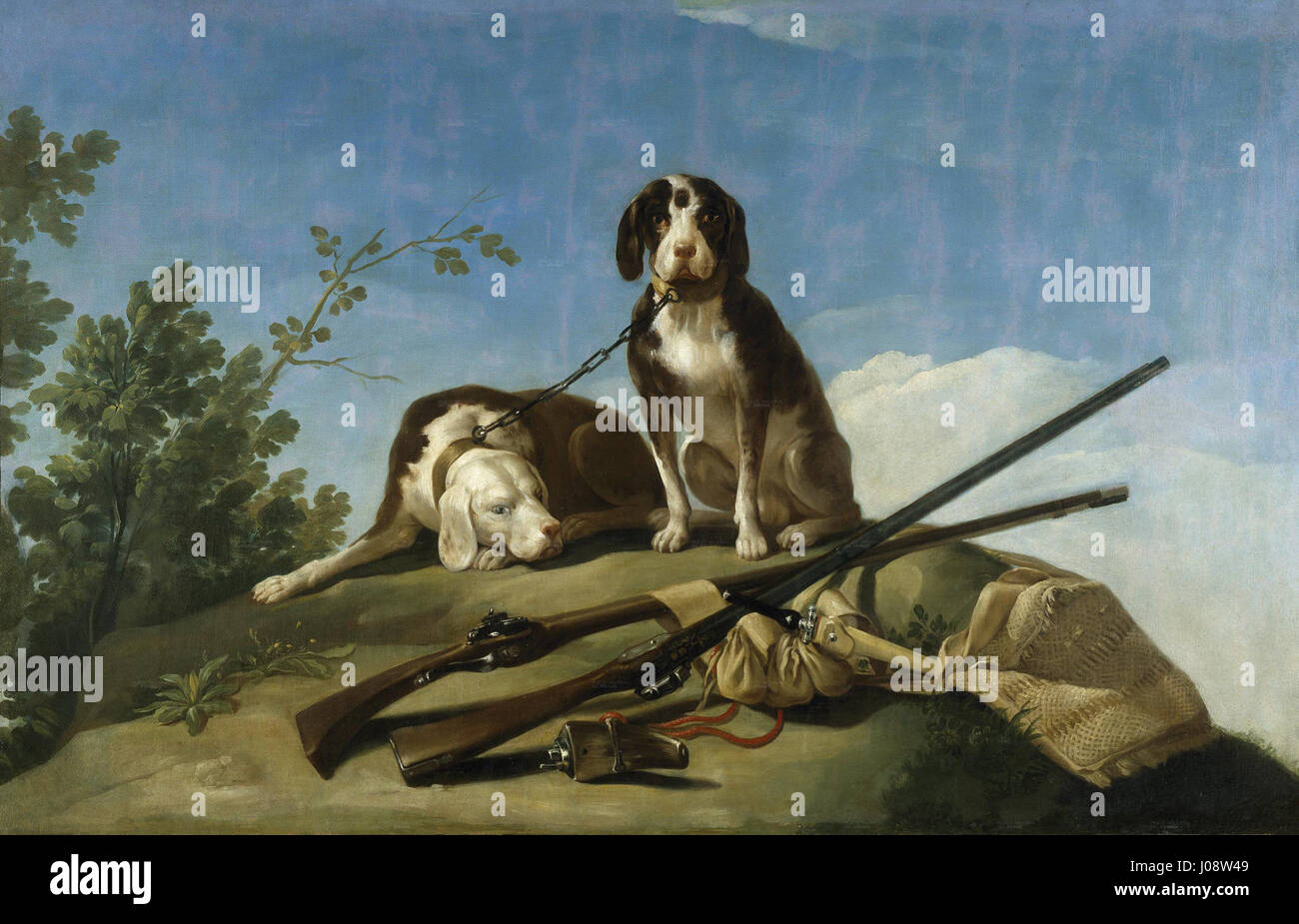 "Perros y Útiles de Caza" è un'opera d'arte spagnola raffigurante cani da caccia e relativi strumenti di caccia, che cattura il rapporto tra uomo e natura nella ricerca della selvaggina, un tema prevalente nell'arte della caccia spagnola. Foto Stock