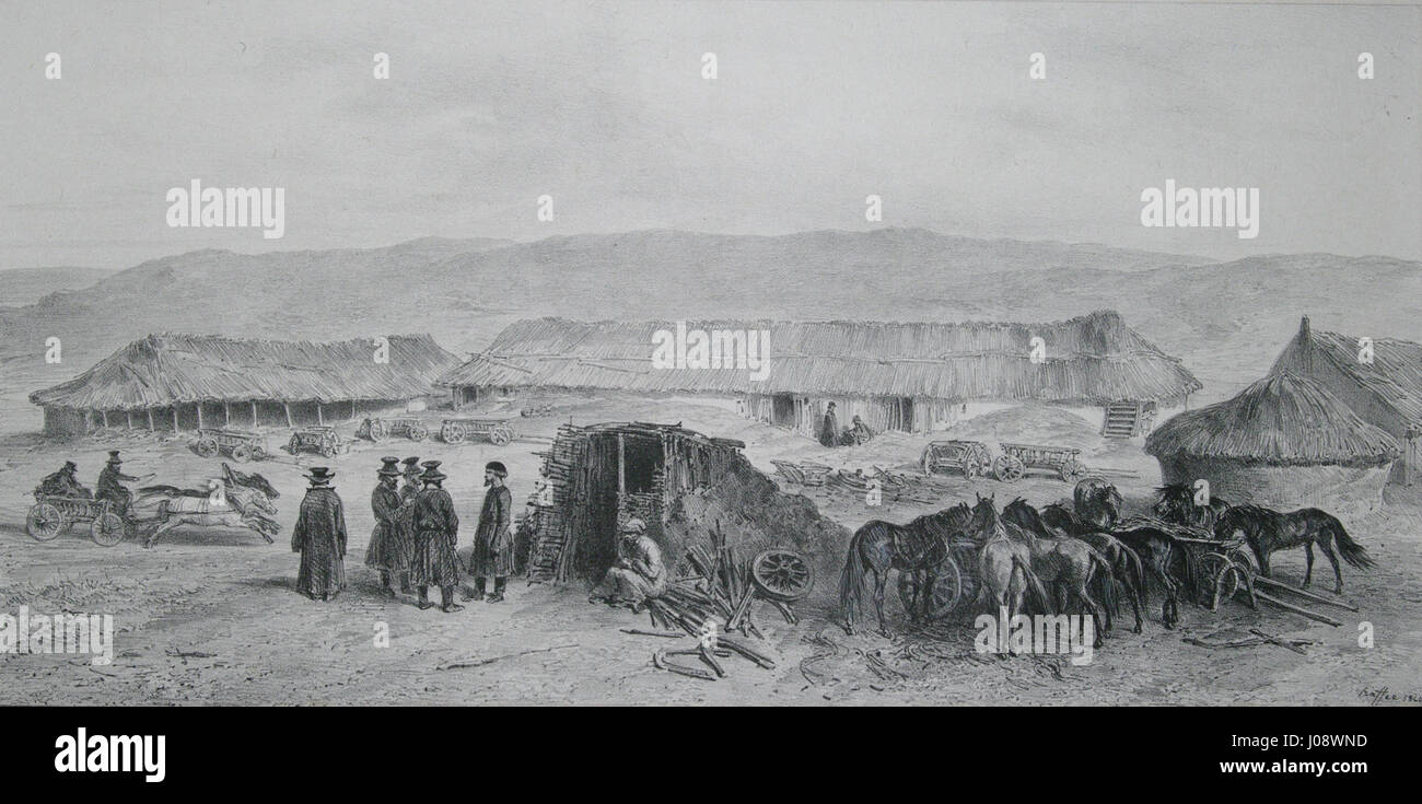 L'illustrazione di Raffet intitolata "Bessarabie, 5 Août 1837 - Poste aux chevaux" raffigura un momento storico del 1837, che mostra un servizio postale trainato da cavalli in Bessarabia durante il XIX secolo, che riflette i trasporti e le comunicazioni dell'epoca. Foto Stock