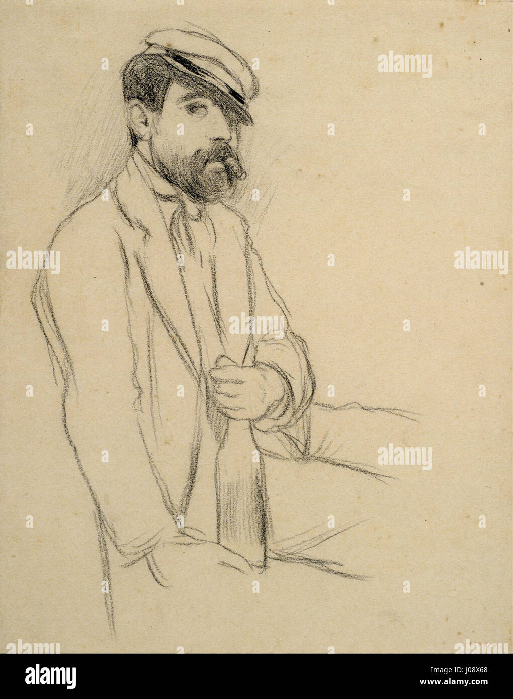 Il "Ritratto di un uomo" di Santiago Rusiñol è un dipinto modernista che cattura l'essenza di una figura maschile con particolare attenzione alla profondità psicologica. Noto per i suoi ritratti, il lavoro di Rusiñol approfondisce la natura introspettiva dei suoi soggetti. Foto Stock