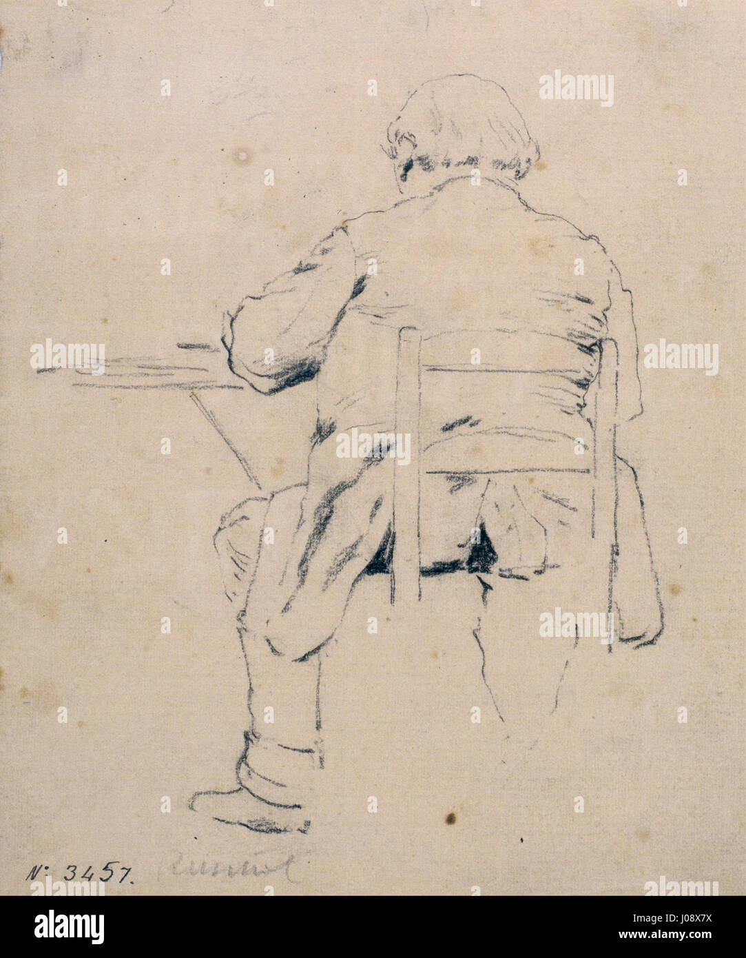 "L'uomo seduto da dietro" di Santiago Rusiñol cattura la figura di un uomo seduto in una posa contemplativa. Il dipinto, caratterizzato da una tavolozza di colori tenui e da una sottile pennellata, riflette la maestria di Rusiñol nel catturare l'essenza dell'introspezione e della solitudine. Foto Stock