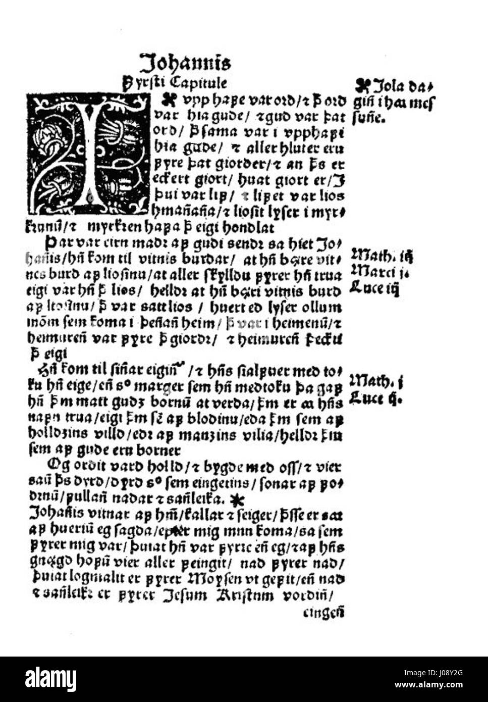 Titolo della pagina del Vangelo di Giovanni da Oddur Gottskálksson's 1540 traduzione del Nuovo Testamento in islandese Foto Stock
