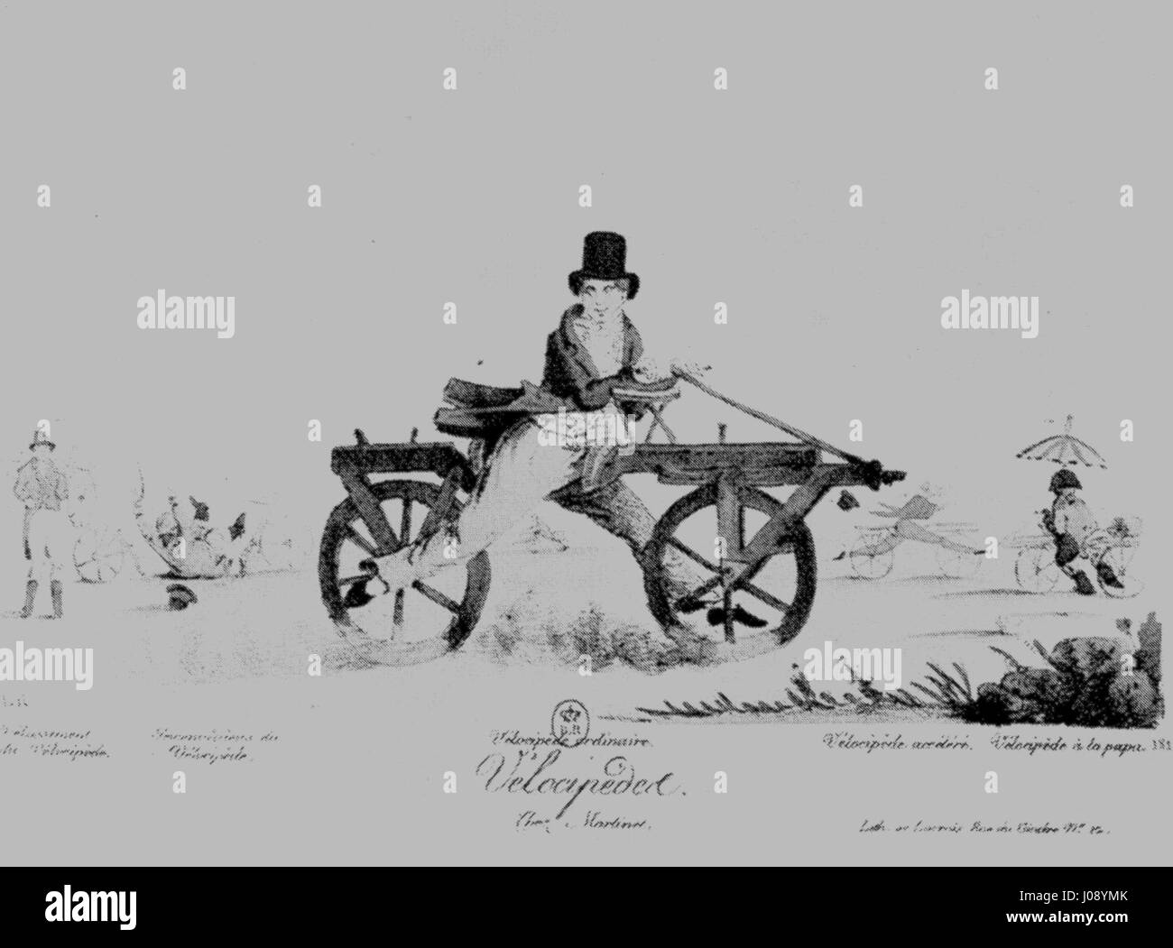 Una prima rappresentazione del velocipede, il precursore della bicicletta moderna, del 1818. L'immagine mette in evidenza il design e le caratteristiche meccaniche dei primi veicoli a due ruote a propulsione umana, un progresso significativo nella storia dei trasporti. Foto Stock