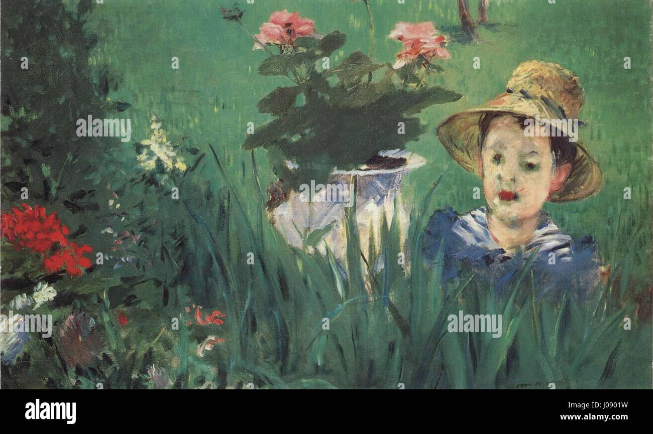 Il dipinto del 1876 di Édouard Manet "Boy in Flowers" raffigura Jacques Hoschedé, il figlio maggiore del patrono di Manet Ernest Hoschedé, in un vivace giardino fiorito. Creato durante la visita di Manet a Montgeron, in Francia, l'opera mostra il suo passaggio a una tavolozza più luminosa e vivace pennellata, influenzata dall'impressionismo e dall'arte giapponese. Foto Stock