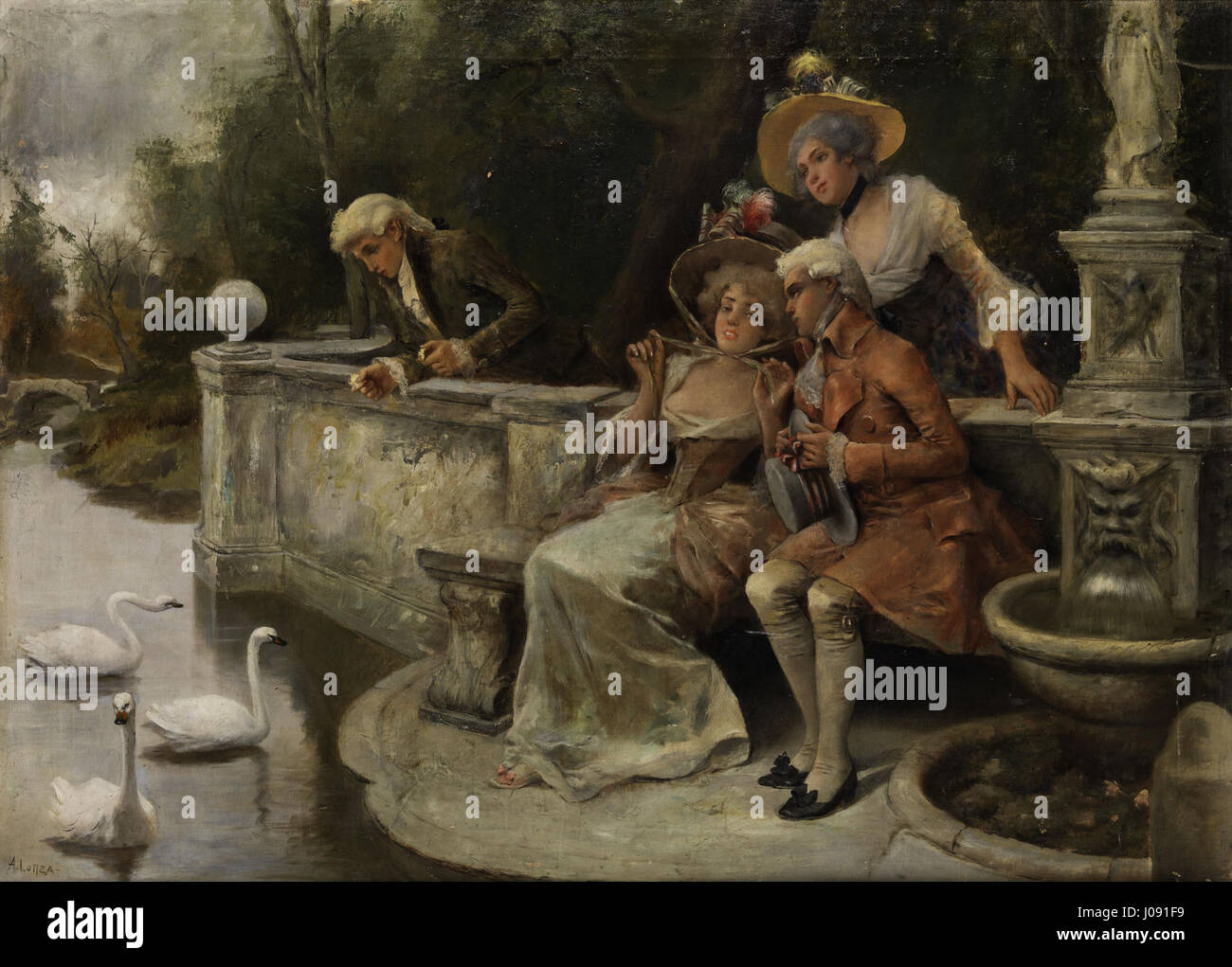 Questo dipinto di Antonio Lonza raffigura un gruppo di persone in un parco, impegnati in un'attività nota come "Schwäfetttern", un raduno tradizionale. La scena cattura l'aspetto del tempo libero e sociale della vita all'aperto, riflettendo le usanze del tempo in un ambiente naturale. Foto Stock Questo dipinto di Antonio Lonza raffigura un gruppo di persone in un parco, impegnati in un'attività nota come "Schwäfetttern", un raduno tradizionale. La scena cattura l'aspetto del tempo libero e sociale della vita all'aperto, riflettendo le usanze del tempo in un ambiente naturale. Foto Stock