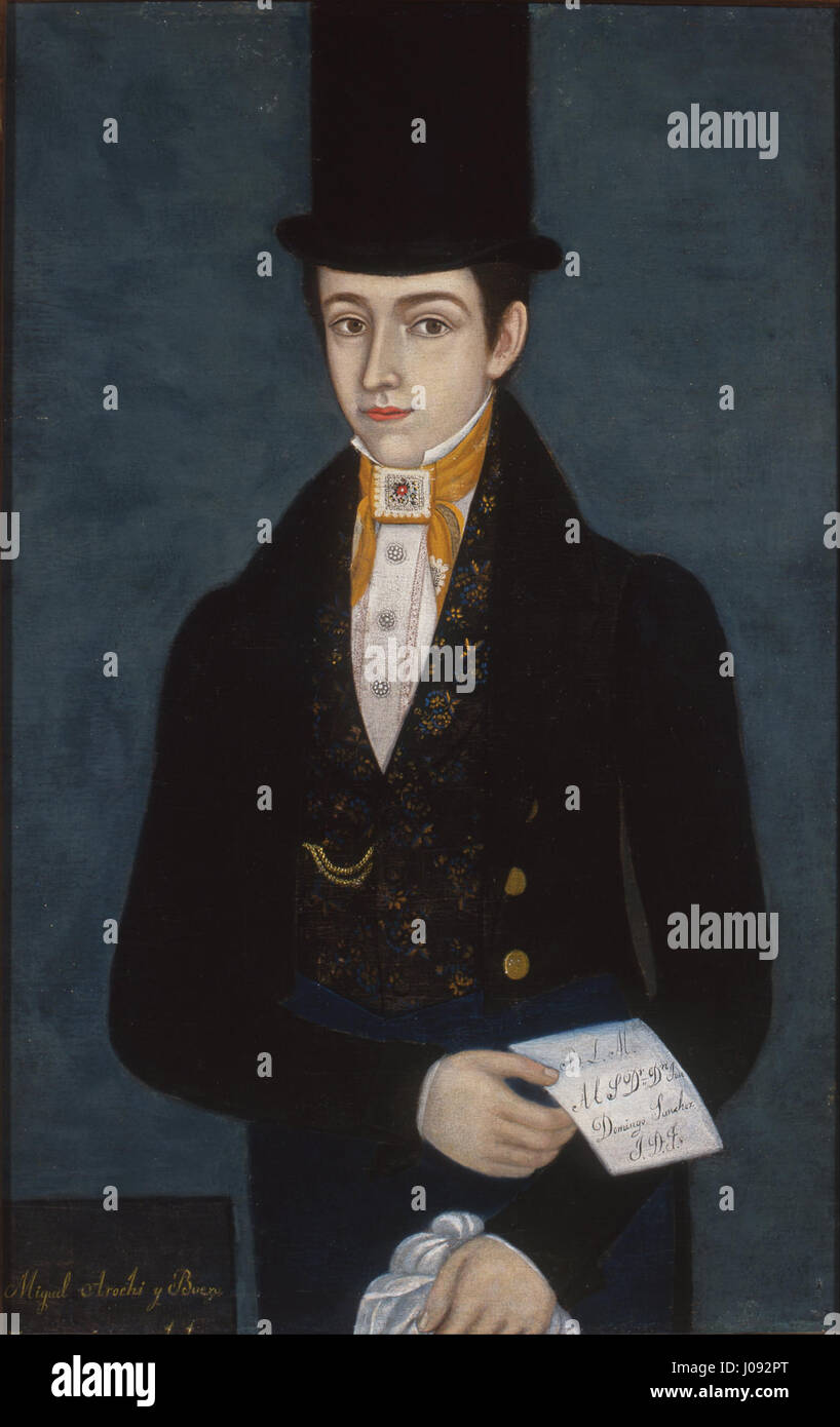 Questo ritratto di José María Estrada raffigura Miguel Arochi y Baeza, mostrando il soggetto in un ambiente formale. Lo stile dell'artista riflette la ritrattistica messicana del XIX secolo, con attenzione ai dettagli sia nell'abbigliamento del soggetto che nell'espressione facciale. Il pezzo evidenzia l'importanza culturale e storica di figure di spicco nella società messicana durante l'epoca. Foto Stock