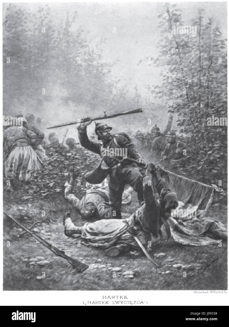 Il dipinto di Jan Rosen "Bartek Zwyciezca" ritrae una figura trionfale di nome Bartek, probabilmente riferita alla tradizione popolare polacca o alla storia. La composizione dinamica cattura la forza e la vittoria di Bartek, riflettendo un tema nazionalista nello stile di Rosen. Foto Stock