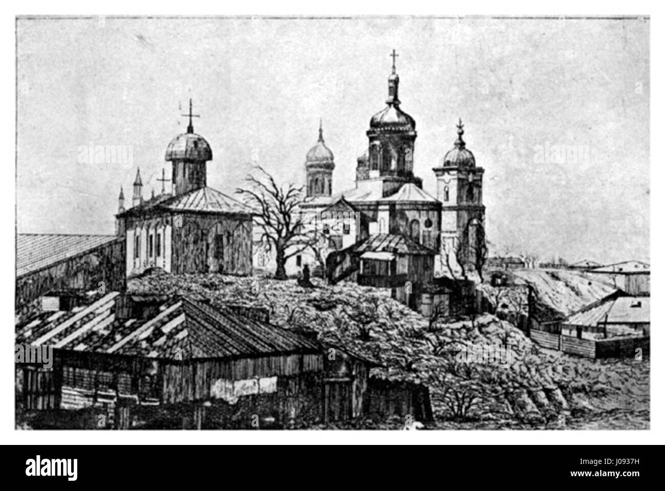 Il dipinto del 1882 di Elise Schmidt "Biserica Radu Voda" mostra la chiesa ortodossa rumena nella sua grandezza architettonica. L'opera d'arte mette in evidenza la struttura dettagliata della chiesa, un significativo sito culturale e religioso a Bucarest. Foto Stock