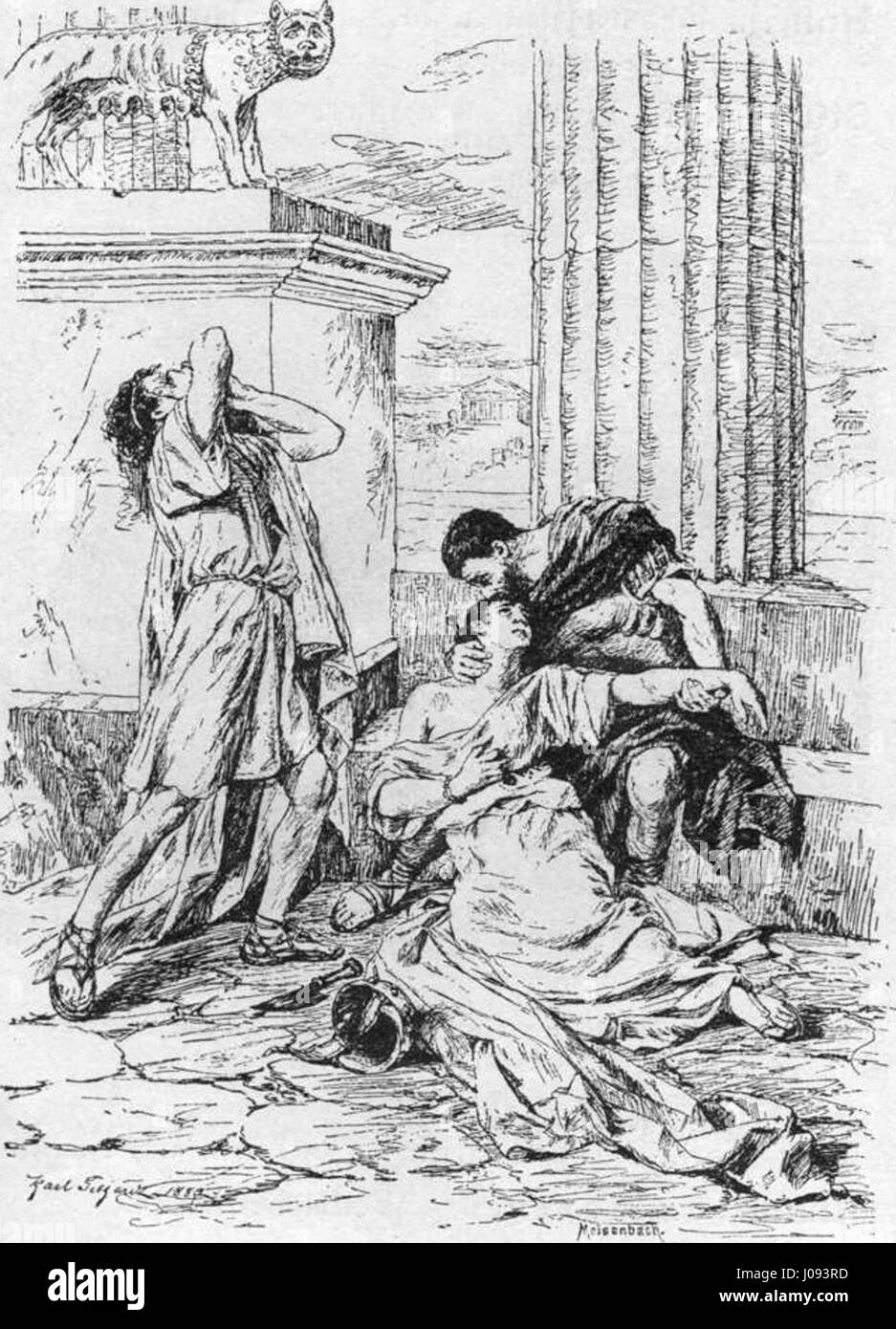Un'illustrazione in bianco e nero di una scena con tre figure in una stanza, una in piedi, una in ginocchio e una sdraiata a terra, con elementi architettonici tra cui colonne e una statua di un gatto, dal Glaspalast di Monaco di Baviera, 1883, forse collegata a Messerberg. Foto Stock