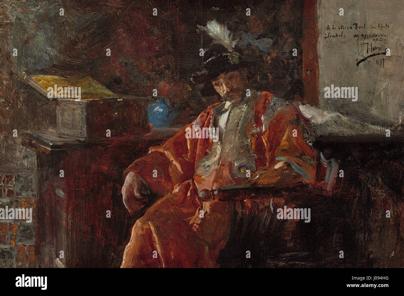 La "Figura de un mercader" di Joaquín Sorolla y Bastida presenta un vivace ritratto di un mercante, che cattura la vitalità del soggetto e l'atmosfera della Spagna dei primi anni del XX secolo. Le caratteristiche tecniche di luce e colore di Sorolla sono evidenti in tutto il lavoro. Foto Stock