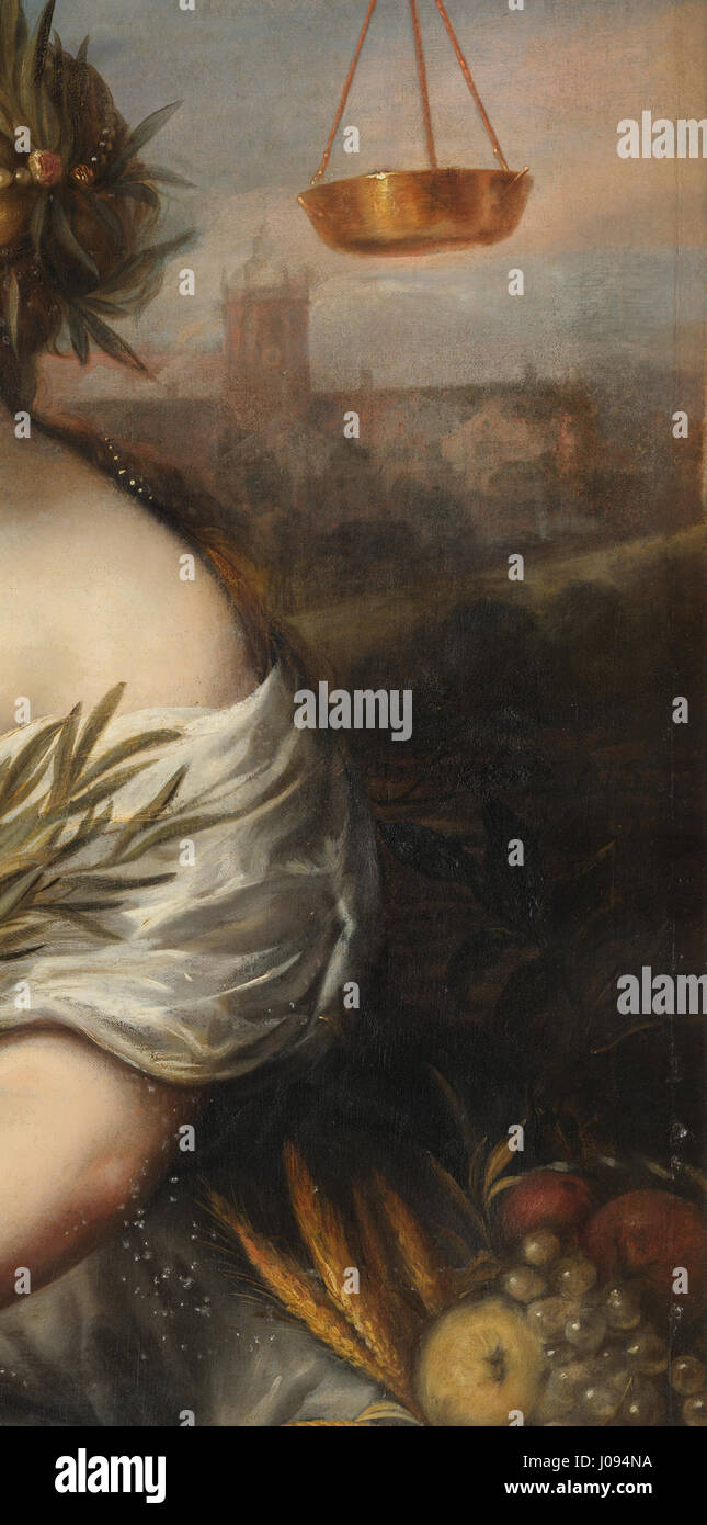 Il dipinto di Jürgen Ovens "giustizia (o prudenza, giustizia e pace)" simboleggia le virtù della giustizia, della prudenza e della pace. L'opera è un esempio magistrale dell'arte allegorica europea del XVII secolo. Foto Stock