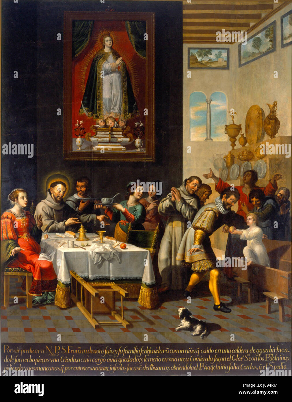 "Il miracolo di San Francesco d'Assisi" di José Juárez raffigura il leggendario evento in cui San Francesco guarisce miracolosamente un malato. Il dipinto riflette lo stile barocco con composizione dinamica e intensità emotiva, tipica del lavoro di Juárez. Foto Stock