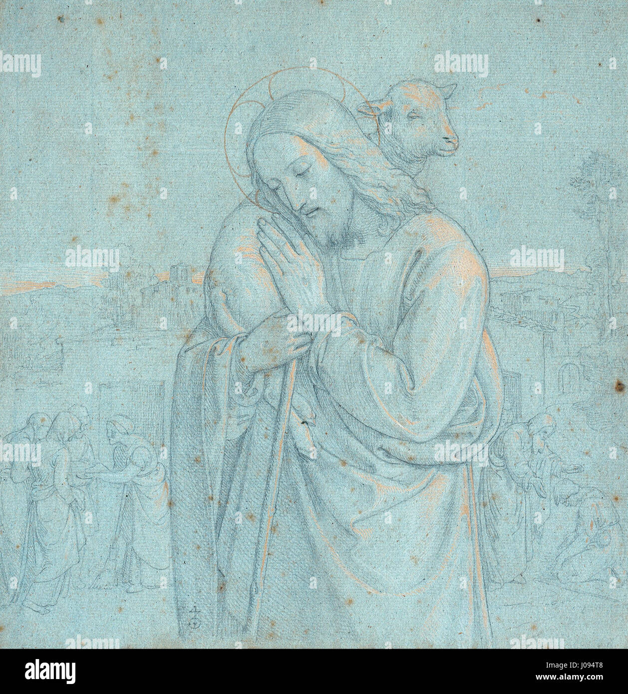 Il buon Pastore di Joseph Ritter von Führich ritrae la figura biblica di Cristo come un pastore, guidando e proteggendo il suo gregge. L'opera è caratteristica dei temi religiosi e spirituali prominenti nell'arte europea del XIX secolo. Foto Stock