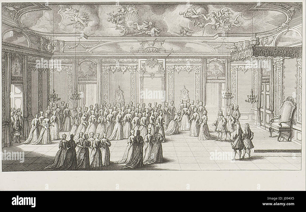 Il dipinto di Gérard (II) Scotin raffigura la camera del pubblico durante il ricevimento della sposa al Palazzo di Dresda il 2 settembre 1719. La scena cattura la grandezza cerimoniale dell'evento reale e l'elaborato abbigliamento della corte. Foto Stock