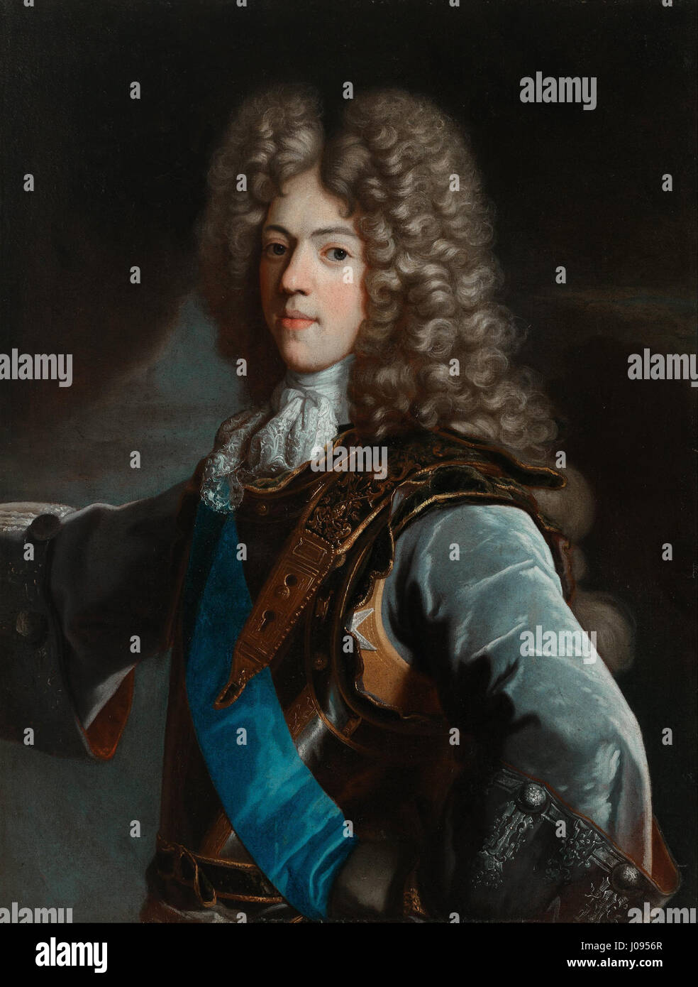 Un ritratto attribuito alla cerchia di Hyacinthe Rigaud, raffigurante Konstanty Władysław Sobieski, figlio del re Giovanni III Sobieski di Polonia. Il dipinto riflette le tradizioni di ritrattistica barocca. Foto Stock