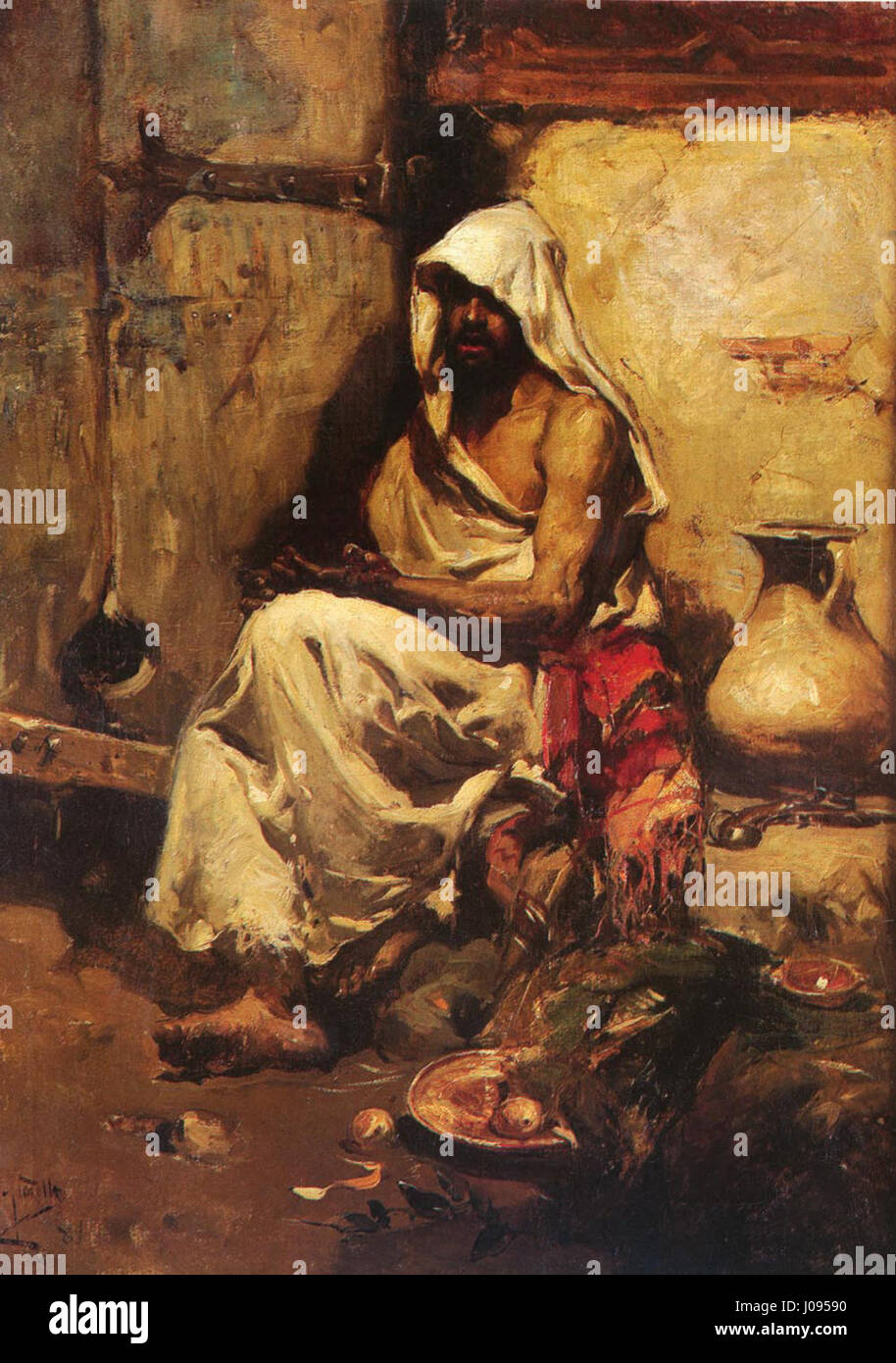 "Un Árabe Examinando una pistola" di Joaquín Sorolla ritrae un uomo arabo che ispeziona un'arma da fuoco, riflettendo l'esplorazione dell'artista sui temi culturali. Sorolla cattura il momento con colori vivaci e attenzione alla luce, mostrando il suo stile impressionista. Foto Stock