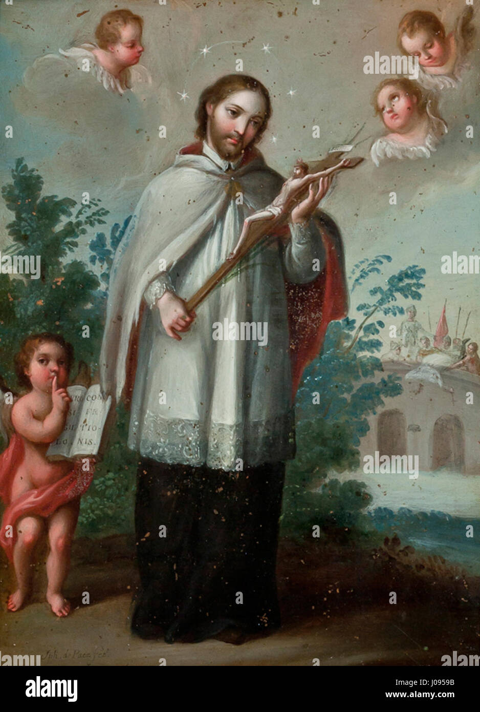 L'opera del XVIII secolo di José de Pêrez, "San Juan Nepomuceno", raffigura il martirio del santo, enfatizzando la devozione religiosa con colori vivaci ed espressioni drammatiche, ospitata nel Museo d'arte di San Antonio Foto Stock