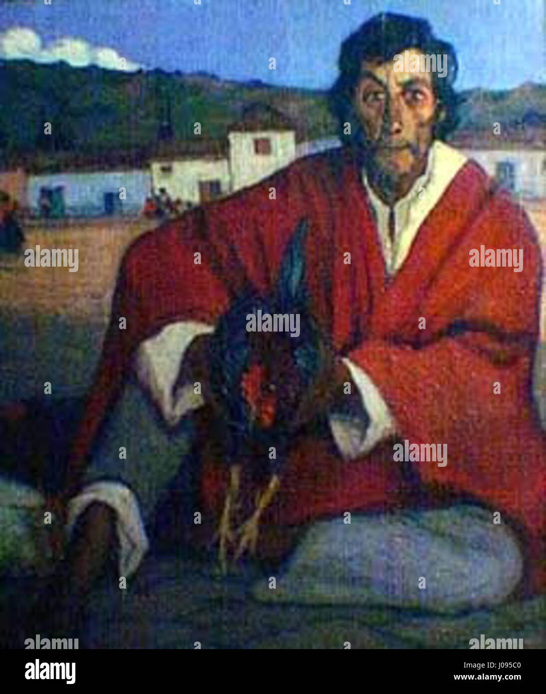 Un dipinto intitolato "Gallero viejo" di Jorge Bermúdez, creato nel 1914, che presenta un soggetto tradizionale di un uomo anziano in un ambiente rurale, catturando un'istantanea della vita di quell'epoca. Foto Stock