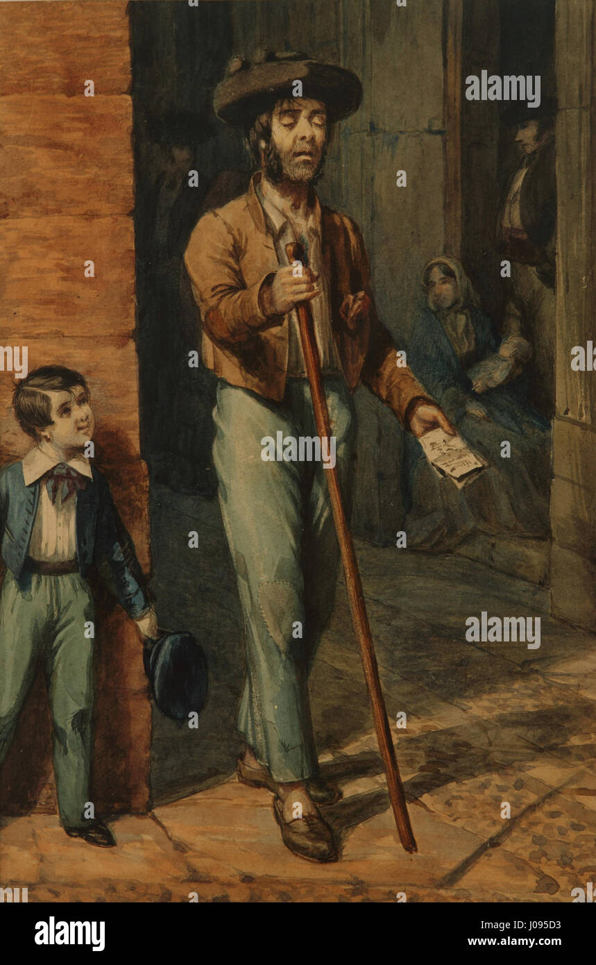 "Ciego Popular en Cádiz" di Prilidiano Pueyrredon raffigura un cieco popolare nella città di Cádiz, in Spagna, mettendo in evidenza i temi sociali del tempo e il ruolo dell'individuo nella comunità. Foto Stock