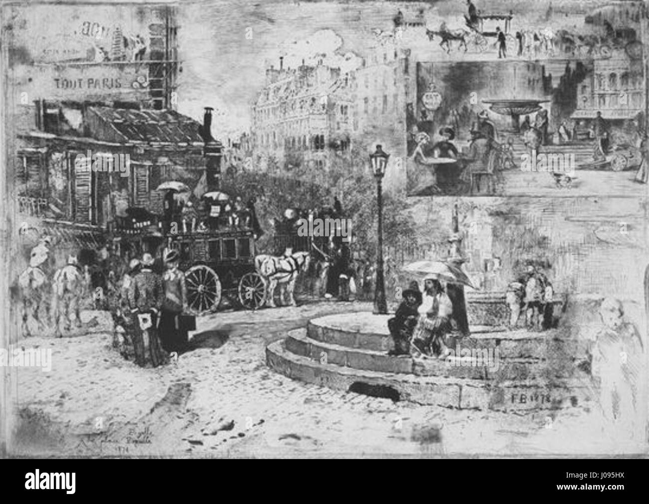 L'incisione di Place Pigalle del 1878 di Félix Buhot cattura la vivace scena di strada di Parigi, mostrando la vivacità e la trasformazione urbana durante la fine del XIX secolo. I dettagli intricati e la composizione dinamica riflettono l'energia della città in quel momento. Foto Stock