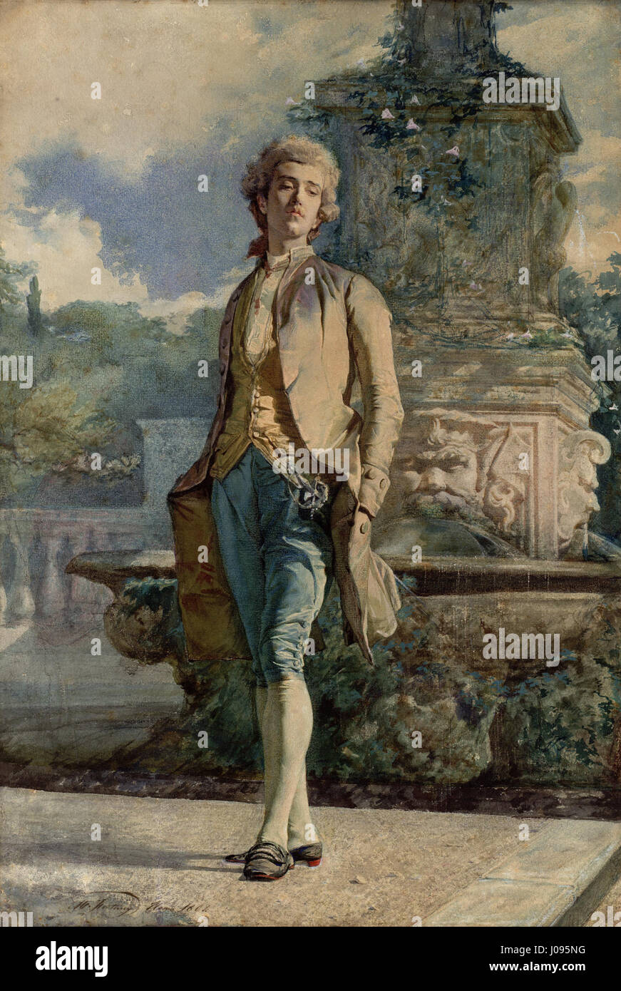 "Il Contino" di Marià Fortuny è un ritratto notevole di un giovane in costume d'epoca, che mostra l'abilità dell'artista nel catturare dettagli e texture intricati. L'opera riflette la capacità di Fortuny di fondere realismo con colori e luce ricchi, tipici del suo acclamato stile artistico nel XIX secolo. Foto Stock