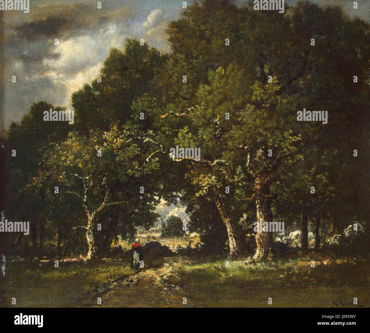 La "strada nel bosco" di Narcisse Virgile Diaz de la Peña mostra la sua maestria nella pittura romantica del paesaggio. Il pezzo presenta un percorso boscoso, bagnato dalla luce del sole, che riflette la bellezza della natura e l'interpretazione emotiva dell'artista del mondo naturale. Foto Stock