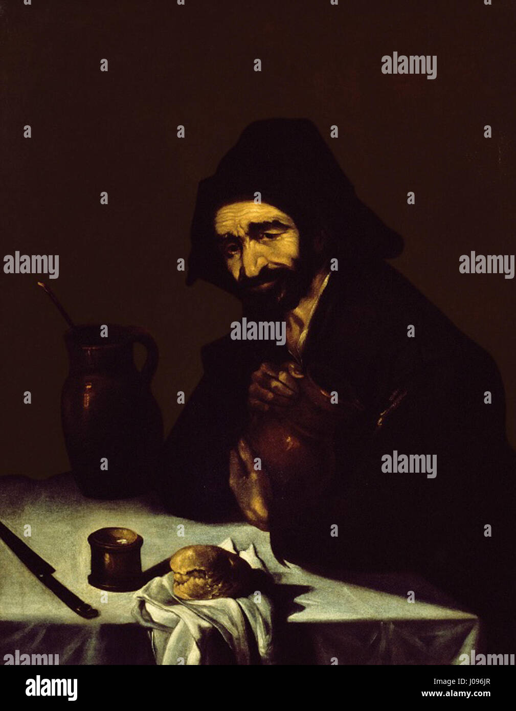 "O bebedor" (1643) è un dipinto ad olio su tela che raffigura un uomo che beve, mostrando lo stile barocco spagnolo con ricchi dettagli e un uso drammatico della luce. Foto Stock