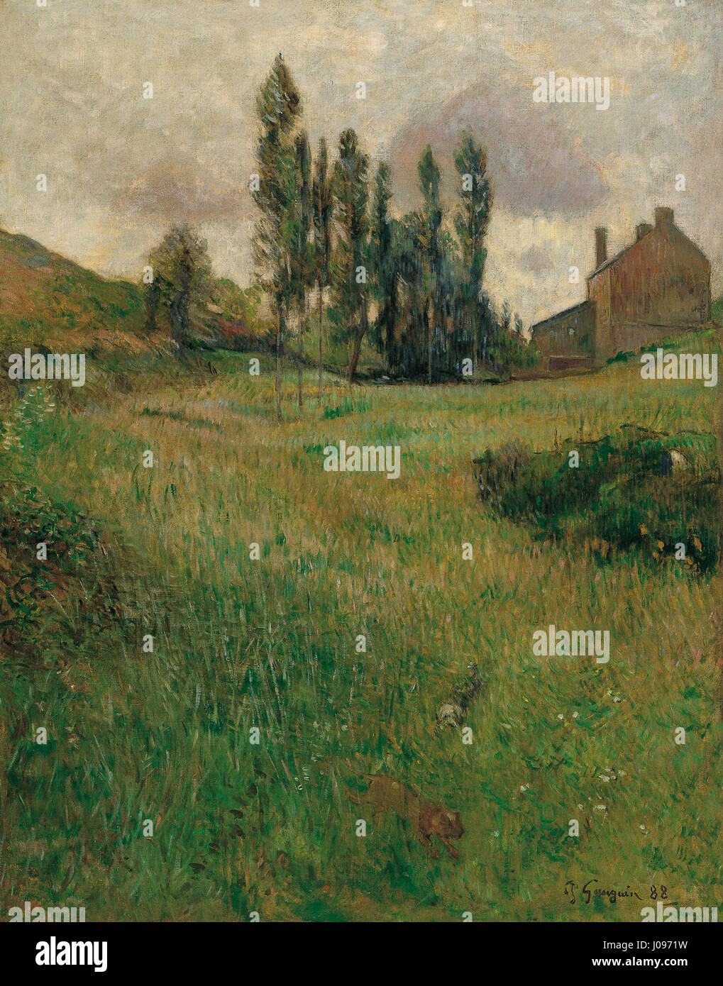 Il "Chiens Course dans un pré" di Paul Gauguin (cani che corrono in un campo) è una vivida rappresentazione dell'uso caratteristico del colore e della forma dell'artista, catturando il movimento e l'energia dei cani in un ambiente rurale. Questo dipinto esemplifica il caratteristico stile post-impressionista di Gauguin, mescolando realismo con elementi simbolici. Foto Stock