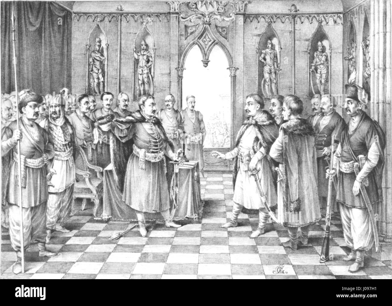 «Poselstwo Jakuba Śmiarowskiego do Bogdana Chmielnickiego» raffigura la missione diplomatica di Jakub Śmiarowski a Bogdan Chmielnicki, il capo dell’etmanato cosacco, nel 1648. L'evento evidenzia le dinamiche politiche tra cosacchi e Polonia. Foto Stock