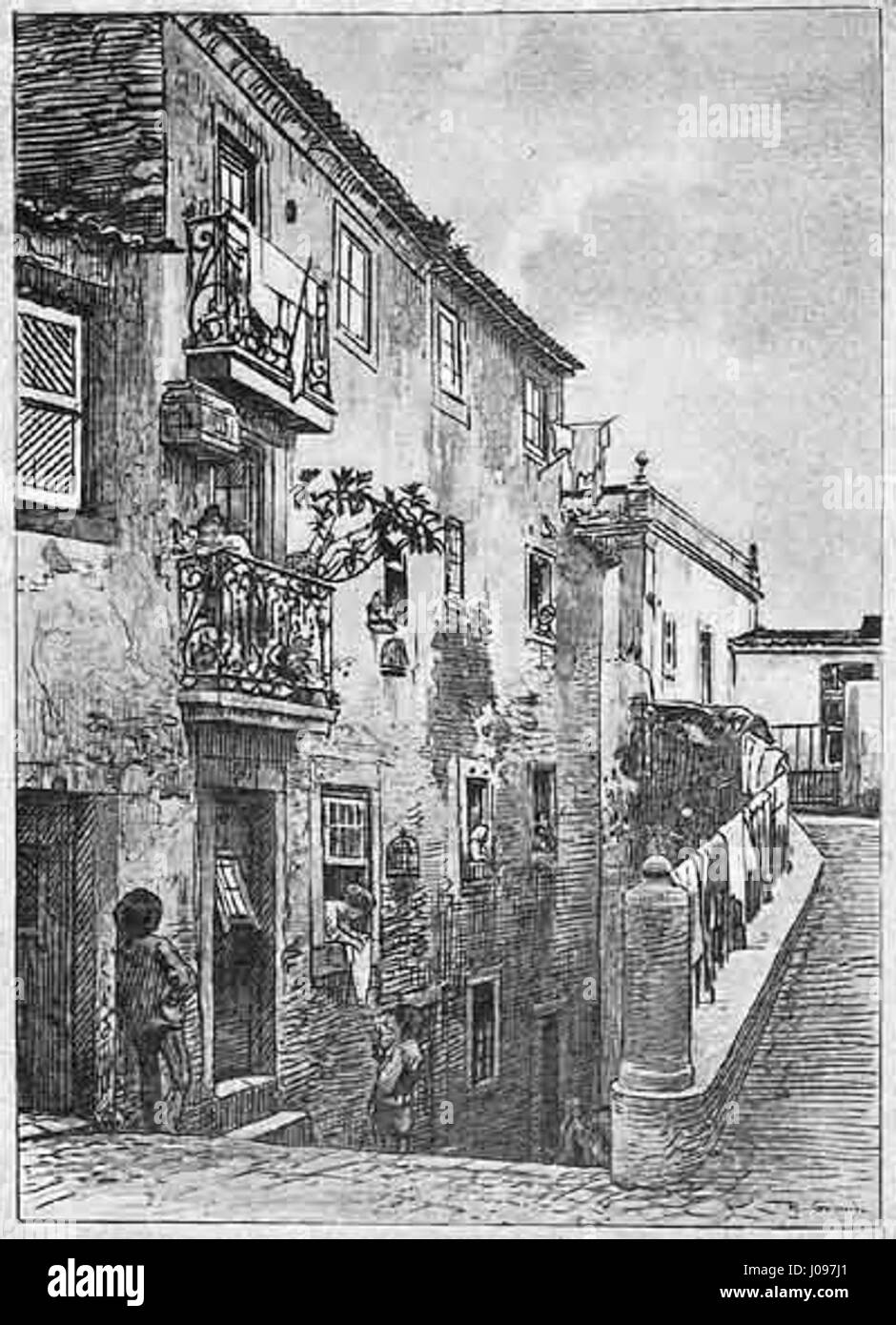 L'acquerello di Roque Gameiro "Escadinhas de S. EstˆvÆo 1" raffigura le affascinanti stradine del centro storico di Lisbona (Lisboa Velha), catturando l'architettura storica e l'atmosfera intima della città. Foto Stock